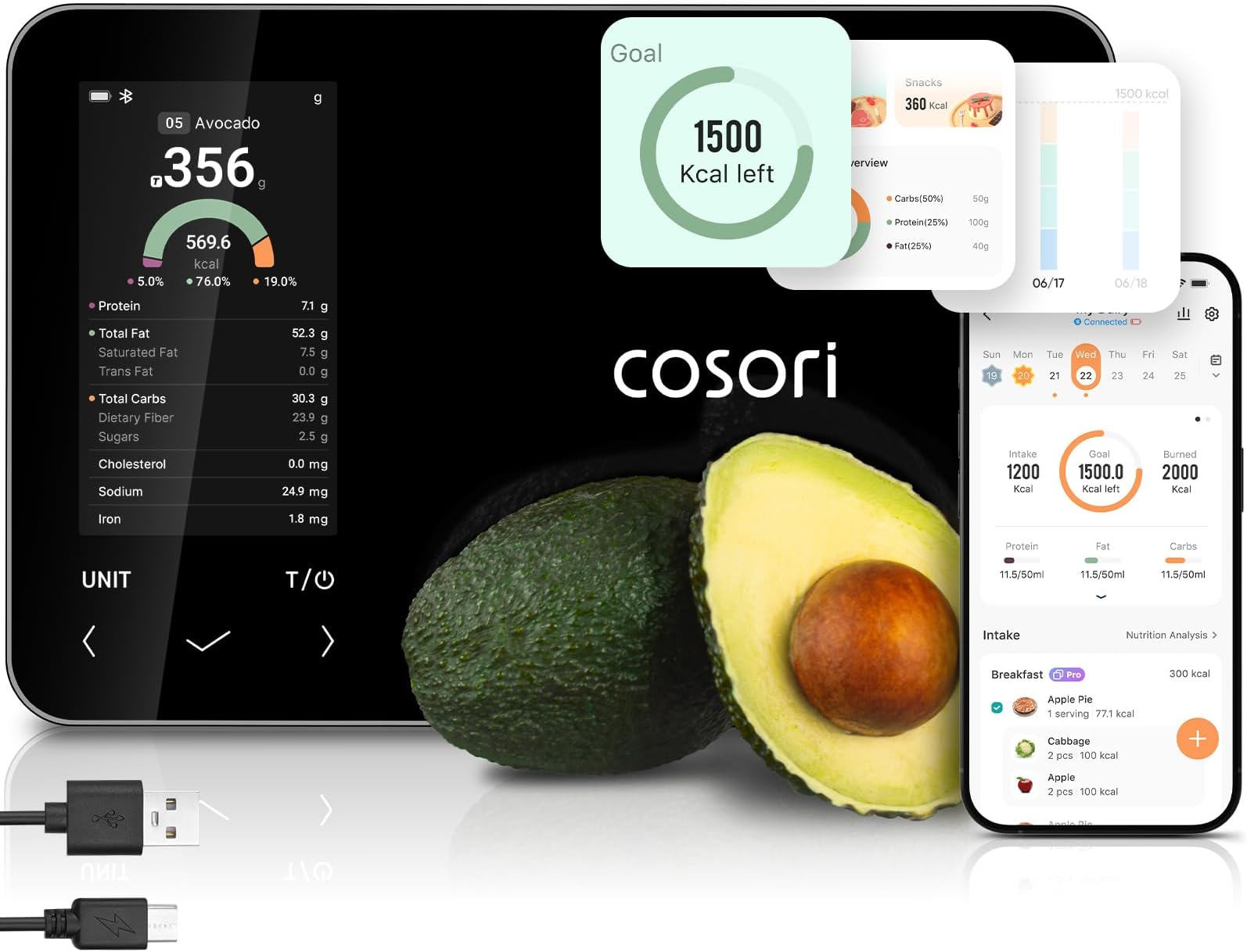 Smart Food Kitchen Scale with Nutritional Calculator, Free App for AI Scan, Calorie & Macro Tracking, Food Preload, On-Screen Nutrient Info, Personal Goals, Rechargeable, 11 lb / 5 kg