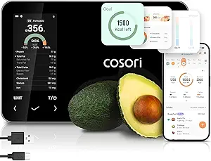 Cosori Smart Food Kitchen Scale with Nutritional Calculator, Free App for AI Scan, Calorie & Macro Tracking, Food Preload, On-Screen Nutrient Info, Personal Goals, Rechargeable, 11 lb / 5 kg