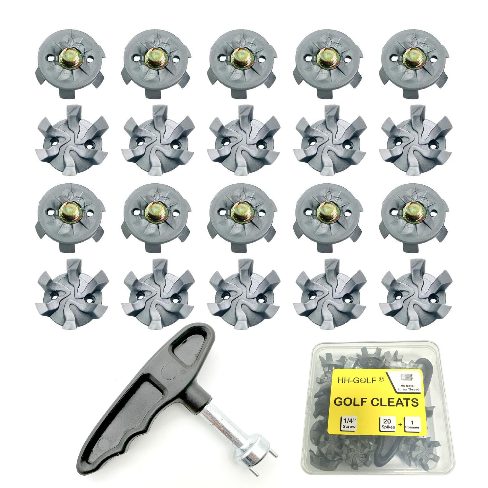 HH-GOLF 21 Pcs Golf Shoe Spikes Replacements Set with 20 Cleats and 1 Spanner, Metal Screw Threading Dia ¼ Inch or 6mm Easy to Install on Golf & Cricket Spike Shoes