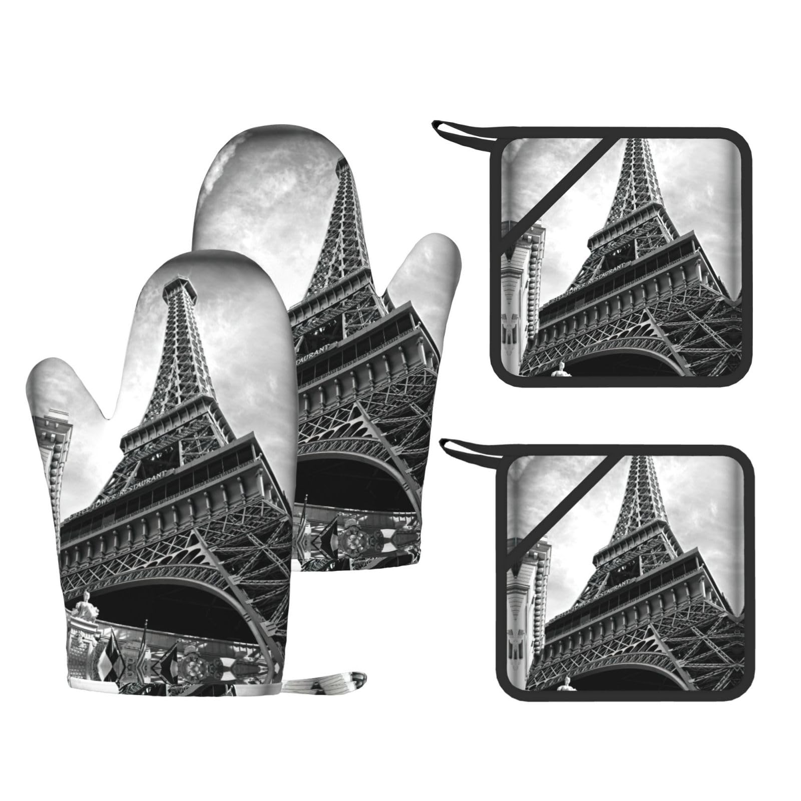 Eiffel Tower 3 Printed Oven Mitts and Pot Holders Set of 4, Heat Resistant Silicone Gloves for Baking Grilling
