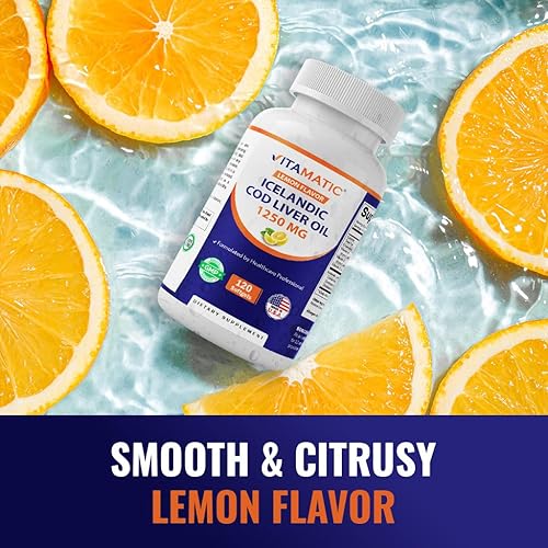 Miniatura 6 de Vitamatic Paquete de 2 cápsulas de aceite de hígado de bacalao islandés de 1250 mg 120 cápsulas blandas (sabor a limón) - Promueve la salud