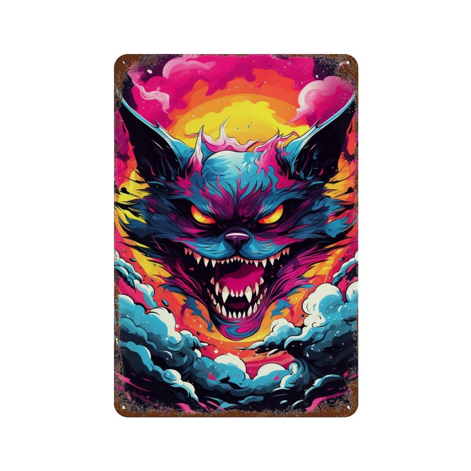 Distressed Metal Wall Sign with Colorful Fantasy Monster Artwork Design 11.8"x7.9", for Shed, Workshop And Garage Wall Decor, Decorative Metal Wall Art
