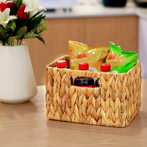 Vista 28 de HOONEX Cestas de almacenamiento de jacinto de agua, cestas de mimbre para organizar, cestas tejidas a mano con asas de transporte, juego de 2