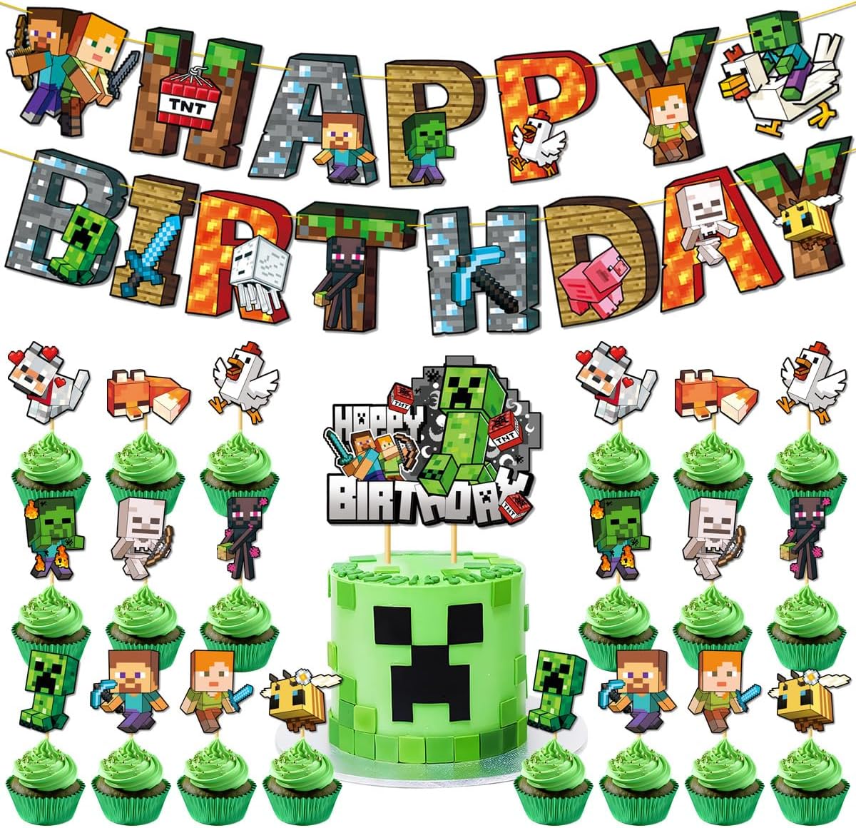 22 Pcs Game Theme Happy Birthday Decorations, Cute Party Decorations, Includes 1 “Happy Birthday” Banner, 1 Cake Toppers, and 20 Dessert Decorations.