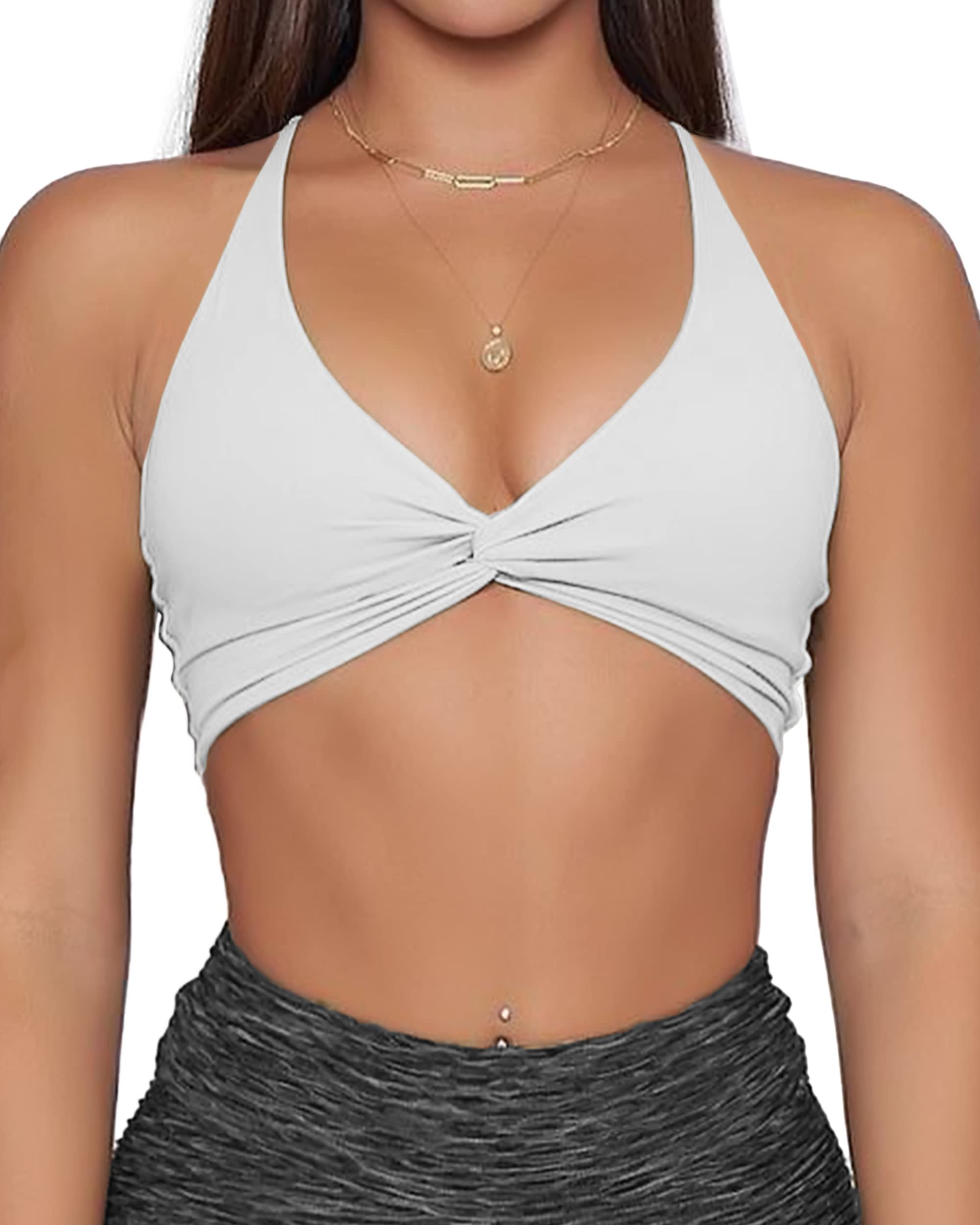 Danysu Backless Sports Bra Buttery Soft Workout Tops with Removable Padded Yoga Training Bras Strappy Going Out Top - #2.twirl Front Princess White - Small