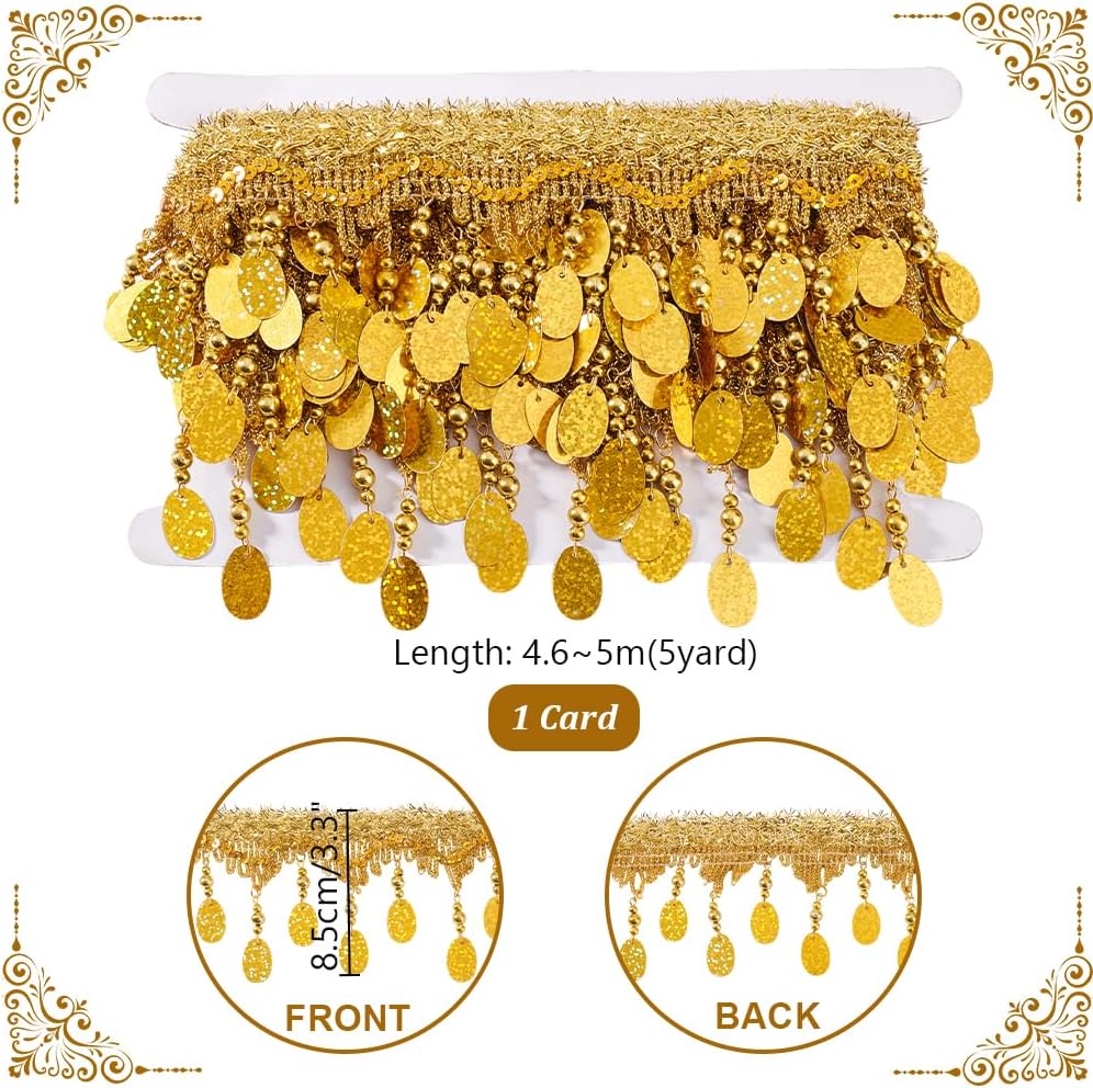 PH PandaHall 4.6~5 Yards Golden Fringe Trim, 3-3/8 inch Filigree Lace Ribbon with Oval Bead Tassel Sewing Edging Trim Fabric Decorative Trim for Curtain Lampshade Costume Craft Home Decor