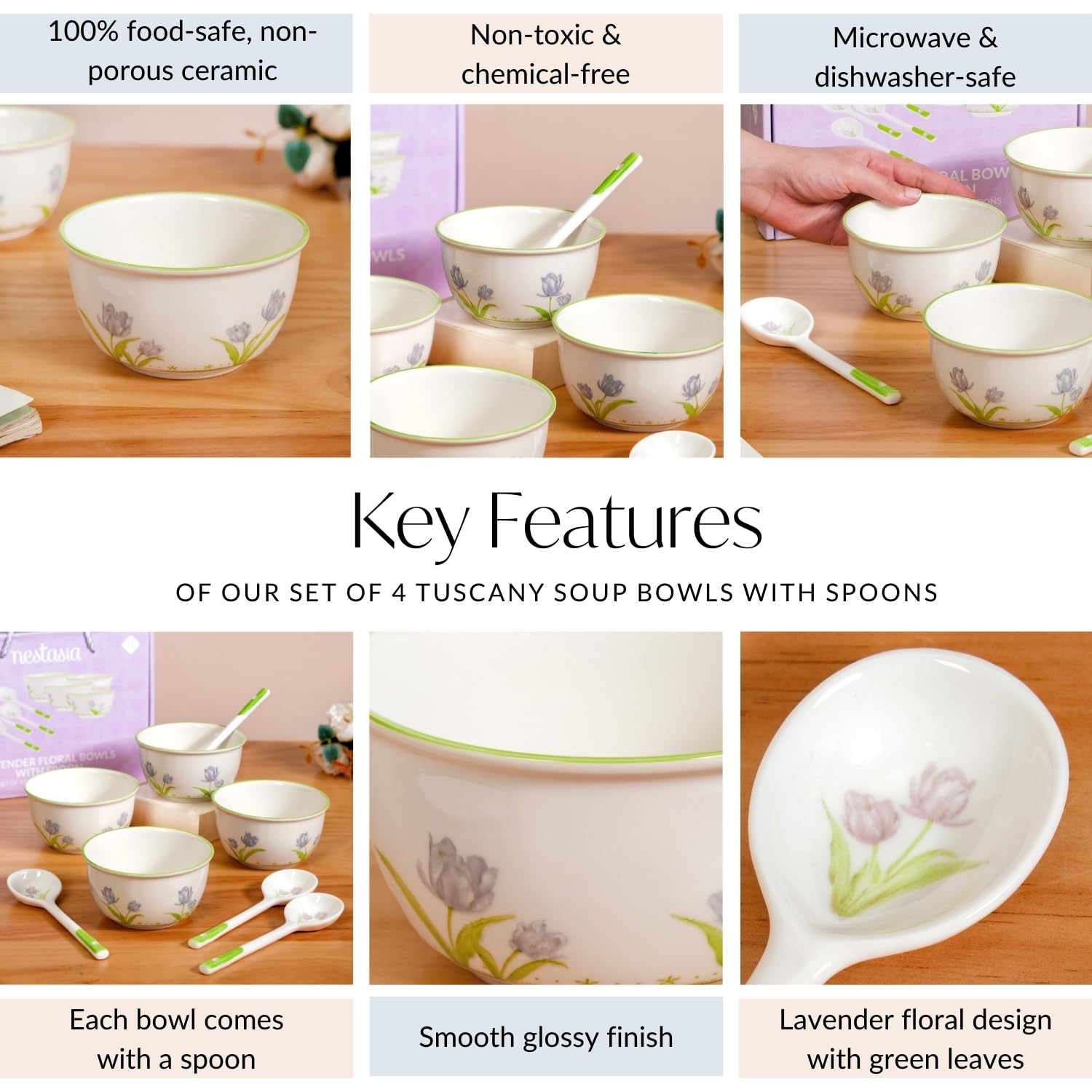 Nestasia Set of 4 Ceramic Soup Bowl with Spoon (400ml) - Microwave Safe Bowl for Serving Soup, Curry, Dal, Custard, Kheer & Dessert | Floral Design Bowl Set Perfect for Gifting & Daily Use 3