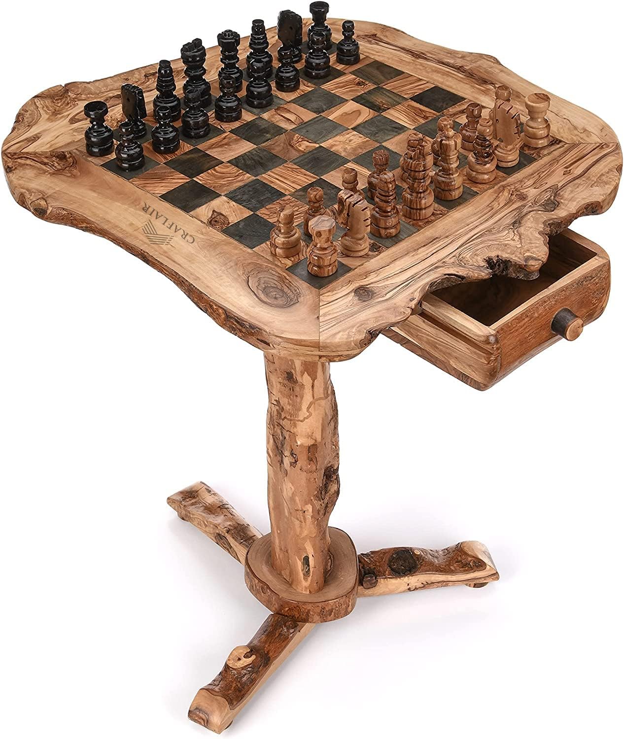 CRAFLAIR ~ INTELLIGENTE ~ Chess Table ~ 20 inch ~ Olive Wood Chess Table Furniture ~ Deluxe Chess Table ~ Chess Set with Drawers for Adults Unique ~ Olive Wood Chess Board Table ~ Wooden Chess Set