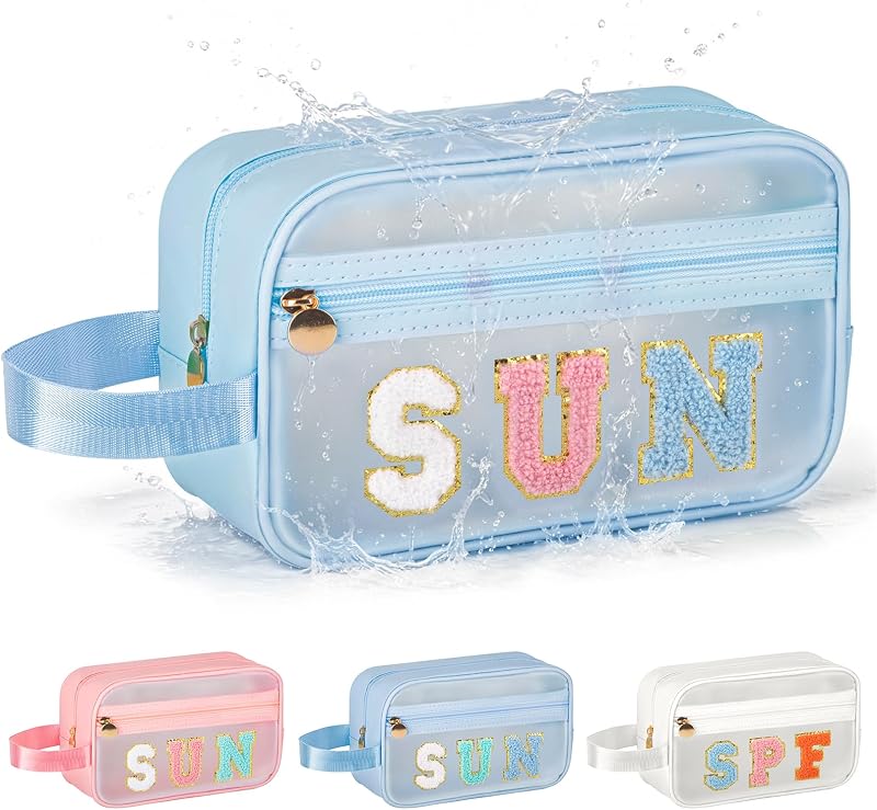 Necessaire transparente Kcjdd com zíper, estampa SUN e alça, Azul-céu-Rosa