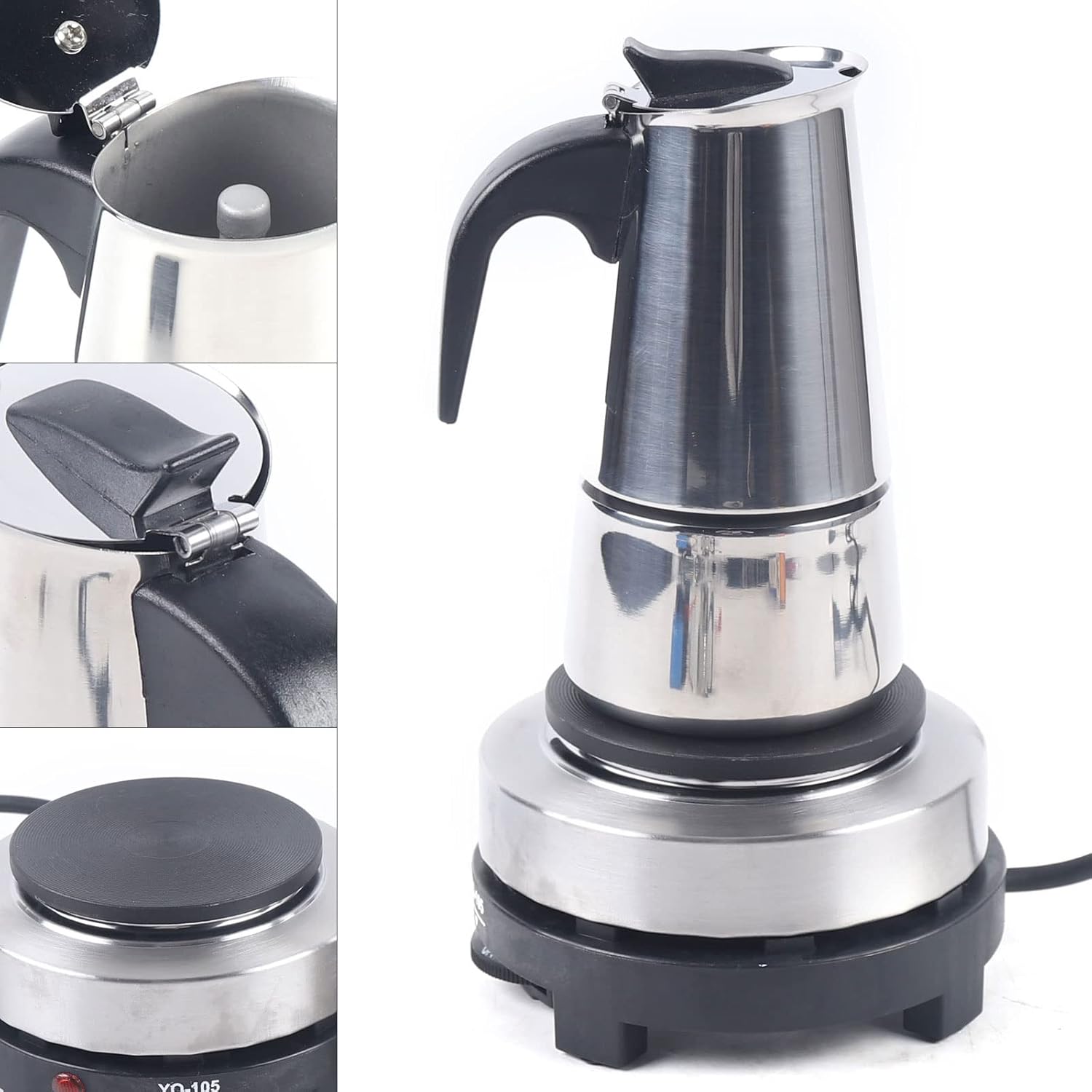 4Cups 200ml Portable Espresso Coffee Maker Stainless Steel Moka Pot 110V Electric Espresso Percolator Coffee Brewer Kettle Pot with Electric Stove (200ml, 4 cups)