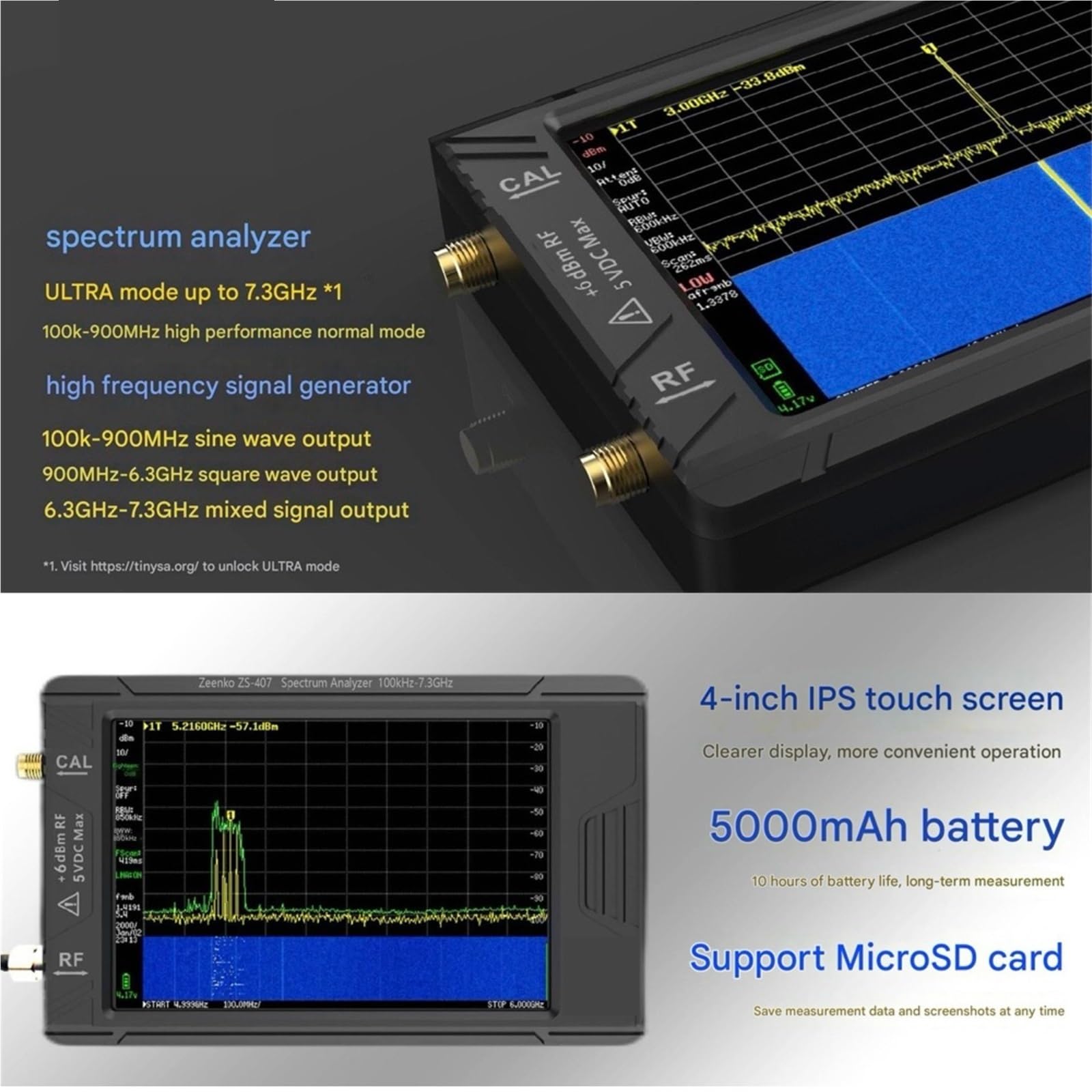 Analizator sieci, ULTRA+ ZS407 przenośny analizator widma 100 kHz-7,3 GHz IPS TFT LCD wewnętrzny wzmocnienie LNA USB-C przenośny
