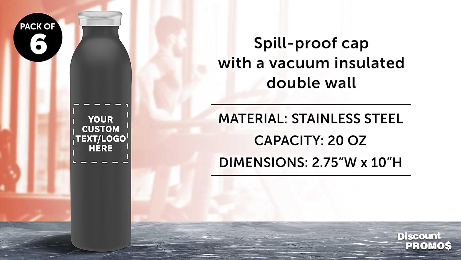 DISCOUNT PROMOS Custom Posh Stainless Steel Water Bottles 20 oz. Set of 6, Personalized Bulk Pack - Double Wall, Perfect for Coffee, Soda, Other Hot & Cold Beverages - Charcoal
