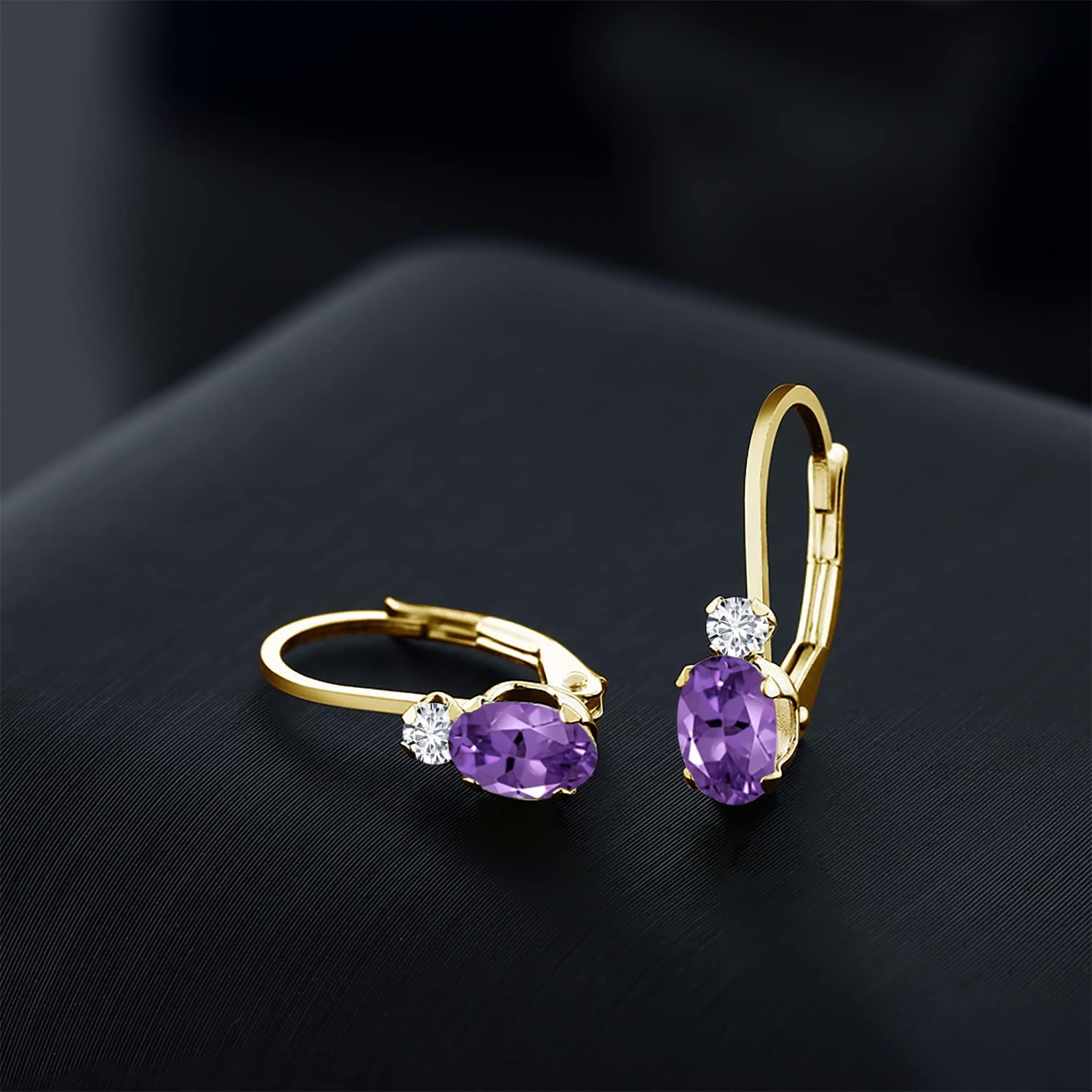 Gem Stone King 14K Yellow Gold Purple Amethyst and White Diamond Leverback Earrings For Women | 0.77 Cttw | Gemstone February Birthstone | Oval 6X4MM | Round 2MM | 3/4 Inch