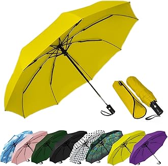 Siepasa Windproof Travel Compact Umbrella, 8-Ribs Anti-UV Waterproof Folding Umbrella with Telfon Coating-One Button for Auto Open and Close