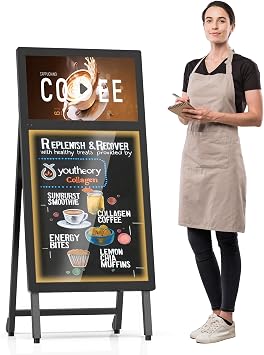 Portable A-Frame Rechargeable Digital Signage Kiosk with LED Message Writing Board, 8H Battery Powered USB Plug & Play Dual Screen, Foldable Advertising Display for Retail Stores, Restaurants