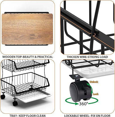 Miniatura 4 de Carrito de cocina con ruedas y parte superior de madera, organizador de cesta de alambre de 4 niveles para frutas, verduras, despensa, apilable,