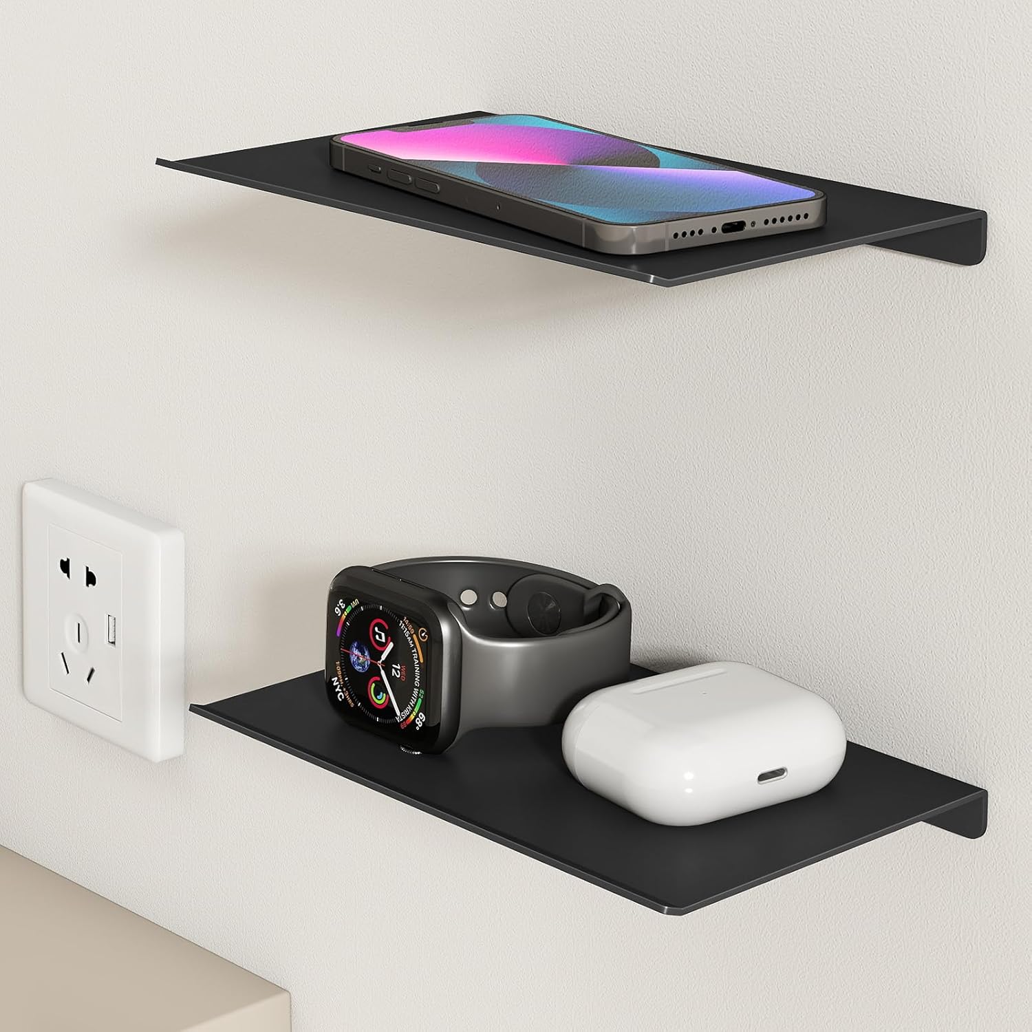 MKO 8 Small Floating Shelves for Wall, Metal Wall Mounted Shelf for Bathroom, Bedroom, Living Room, Kitchen, Little Mini Tiny Display Hanging Shelves for Books/Storage/Room Decor 2 Packs, Black