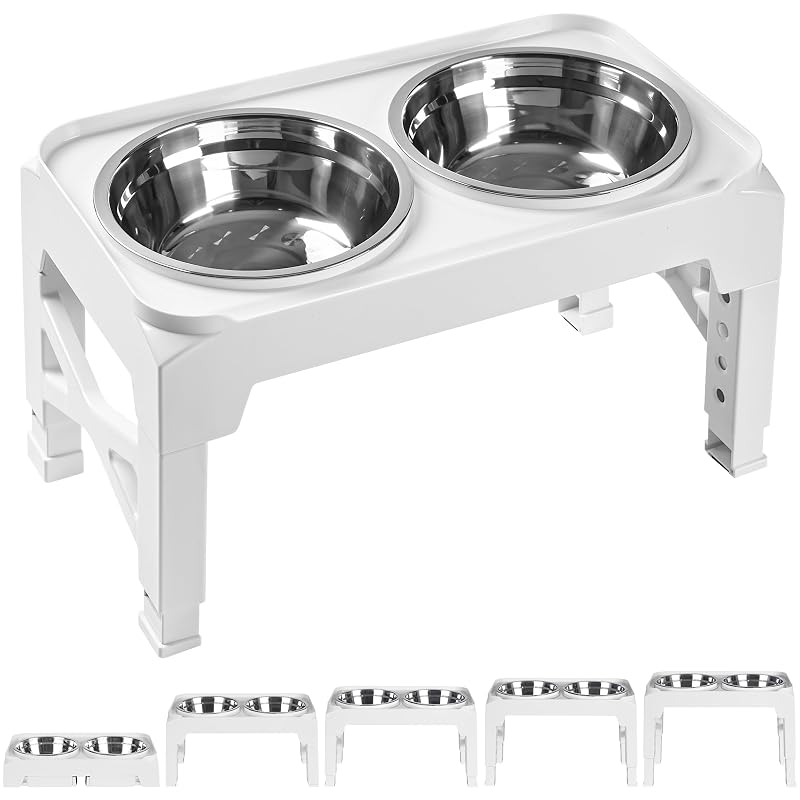Comedouro elevado ajustável para cães com 2 tigelas de aço inoxidável Hubulk, 5 alturas, Branco tamanho M