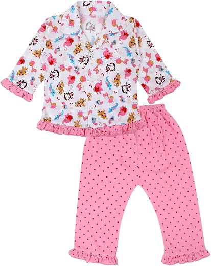 superminis Baby Girls Hosiery Printed ' Animal Print Full Sleeves Night Suit with Frill On T Shirt and Pyjama