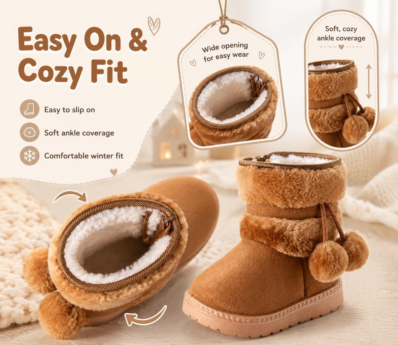 Toddler Kids Girls Winter Snow Boots Warm Ankle Boots with Pom Pom, Non-Slip Sole, Cute Fuzzy Outdoor Boots for Cold Weather, Christmas