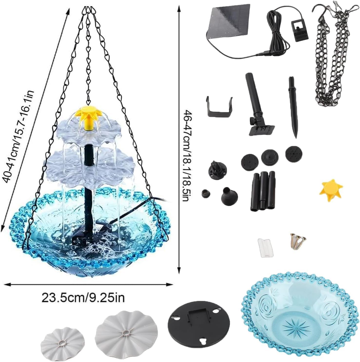 Hanging Solar Bird Bath Fountain 2026 New Hanging Bird Baths with Flowing Water Solar Powered Cascading Outdoor Water Fountain Patio Backyard Lawn Garden Decor (Blue)