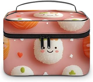 Large Travel Makeup Bag Organizer - Leather Travel Cute Rice Ball Cucumber Print Cosmetic Toiletry Bag for Women, Nail Skincare Makeup Case Organizer with Compartments Brush Storage And Handle