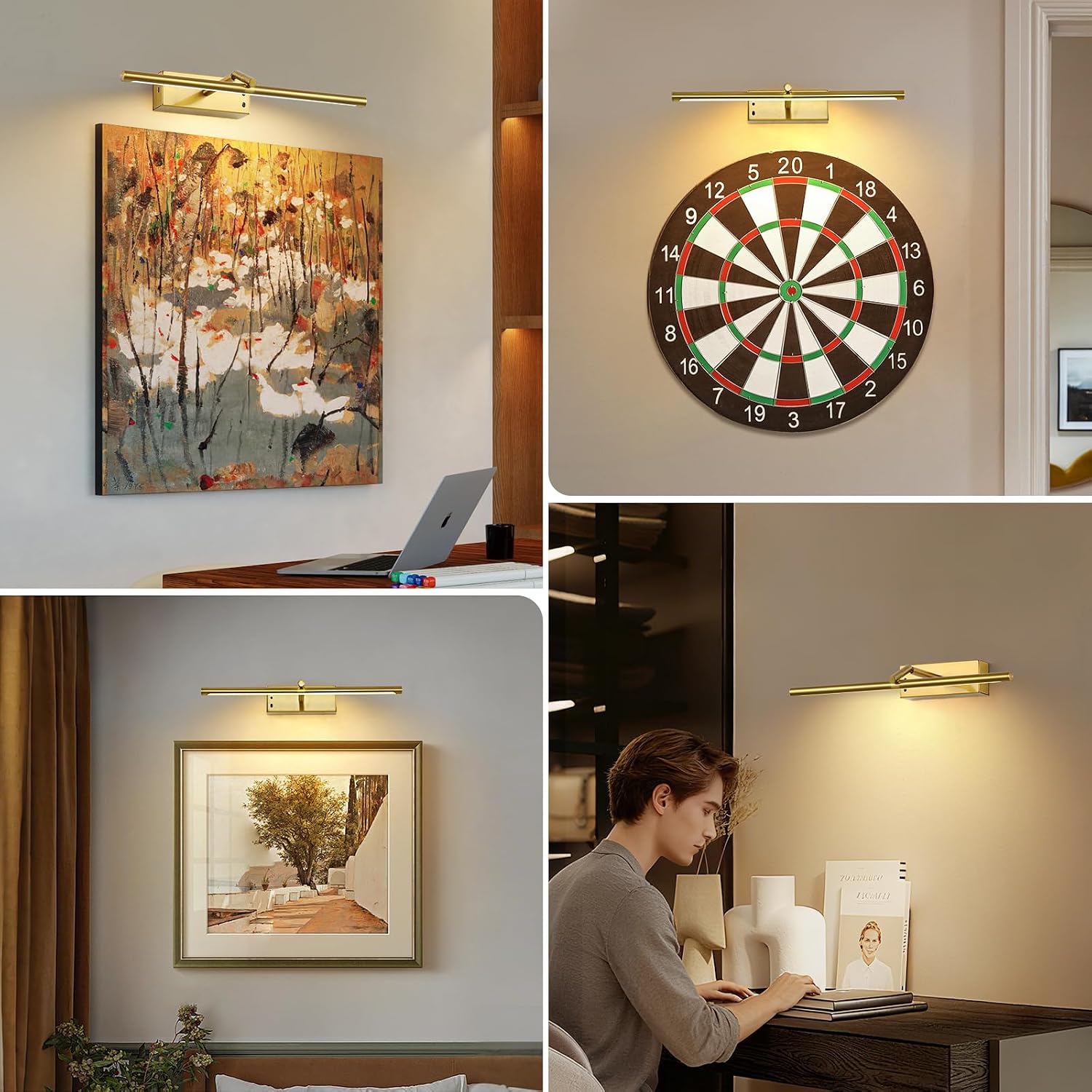 Joosenlux Modern Brass Picture Light - 16in Rechargeable Wireless Wall Lights With Remote, Adjustable Swing Arm, Dimmable 3cct Battery Operated Lamp for Art Display, Photo Gallery Canvas and Paintings