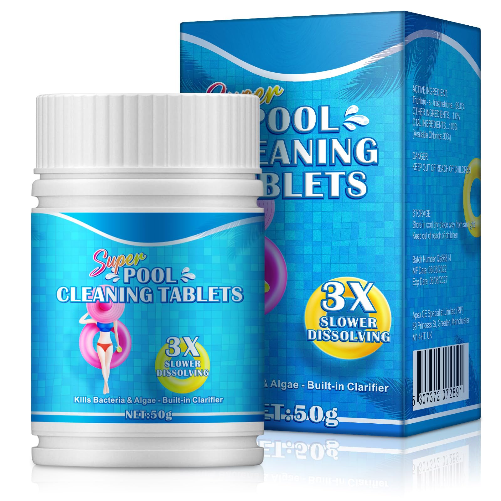 Pool Chlorine Tablets 50G, Slow Dissolving Water Treatment Tablets for Swimming Pools & Hot Tubs, Easy Pool Water Care, Helps Maintain Clear Water, Suitable for Floating Dispenser or Skimmer