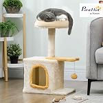 PawHut Cat Tree, 28" Cat Tower for Indoor Kittens with Plush Top Bed, Cozy Condo, Sisal Scratching Post, Perch, Dangling Ball, Beige and Yellow