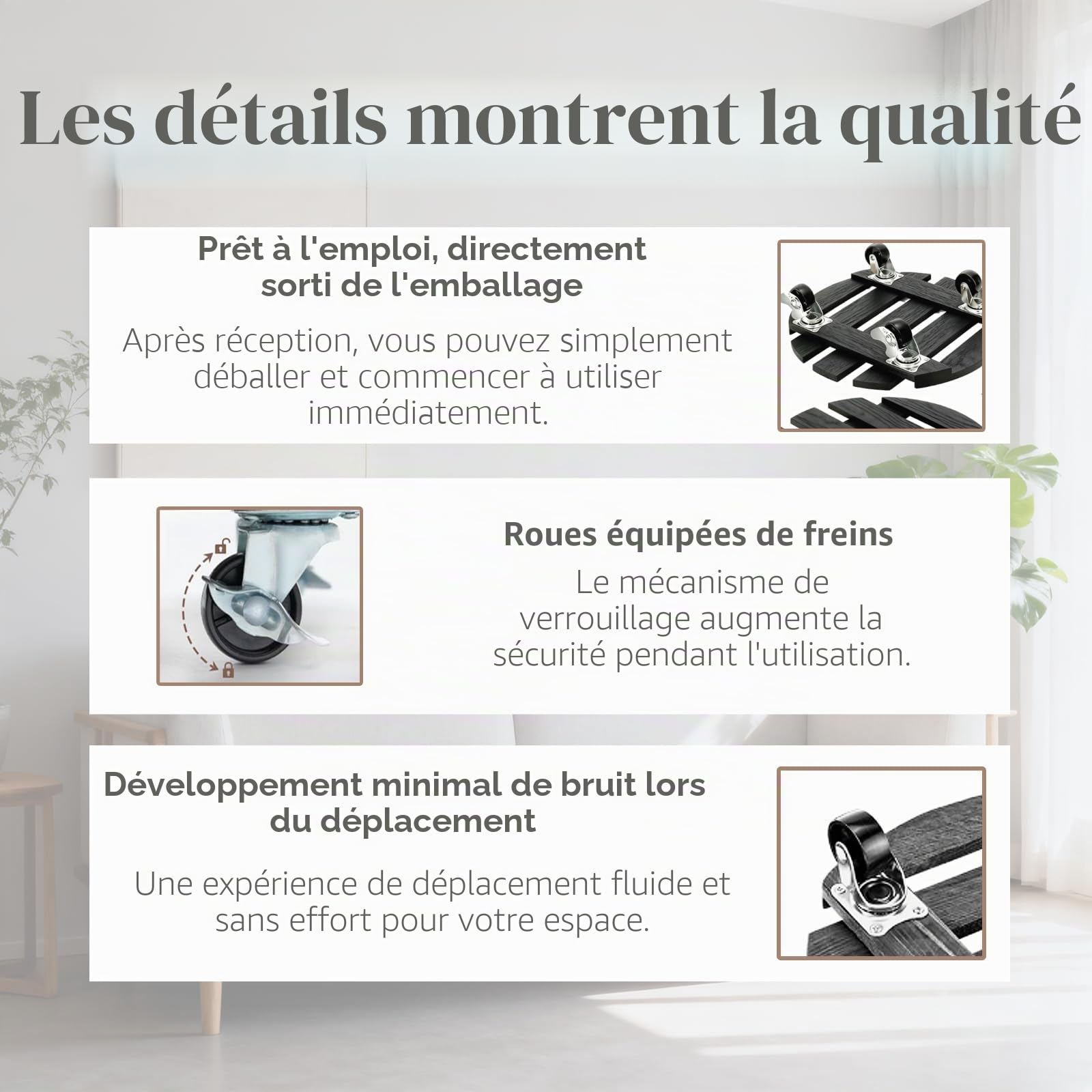 Porte Plante a Roulettes, 2 Supports de Plantes à Roulettes, avec Roulette Coulissantes Verrouillables à 360°, Capacite 120kg, Supports de Pots de Fleurs à Roulettes en Bois 30cm, pour Extérieur, Noir