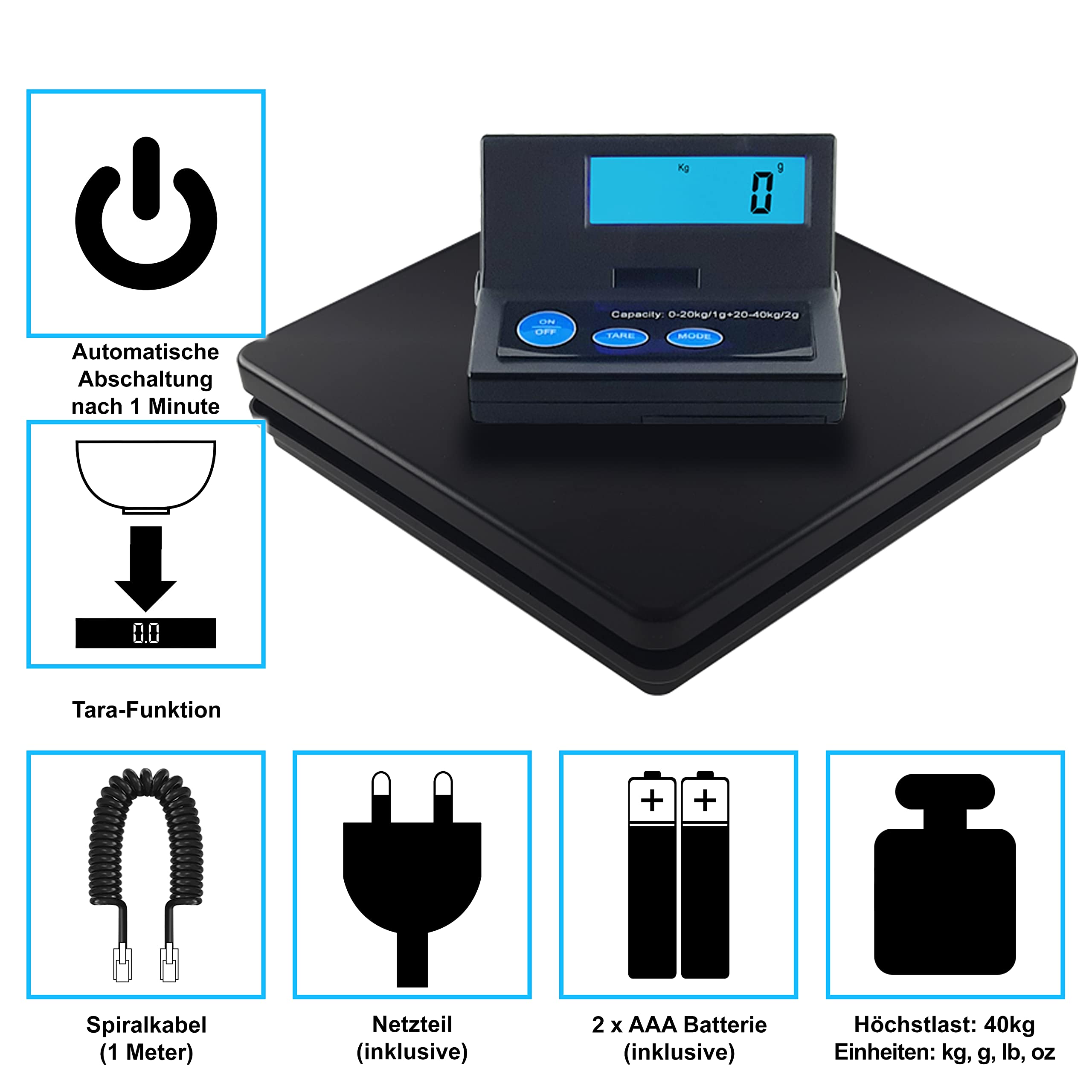 Bilancia digitale ACE 1g-40kg piattaforma robusta batteria e rete