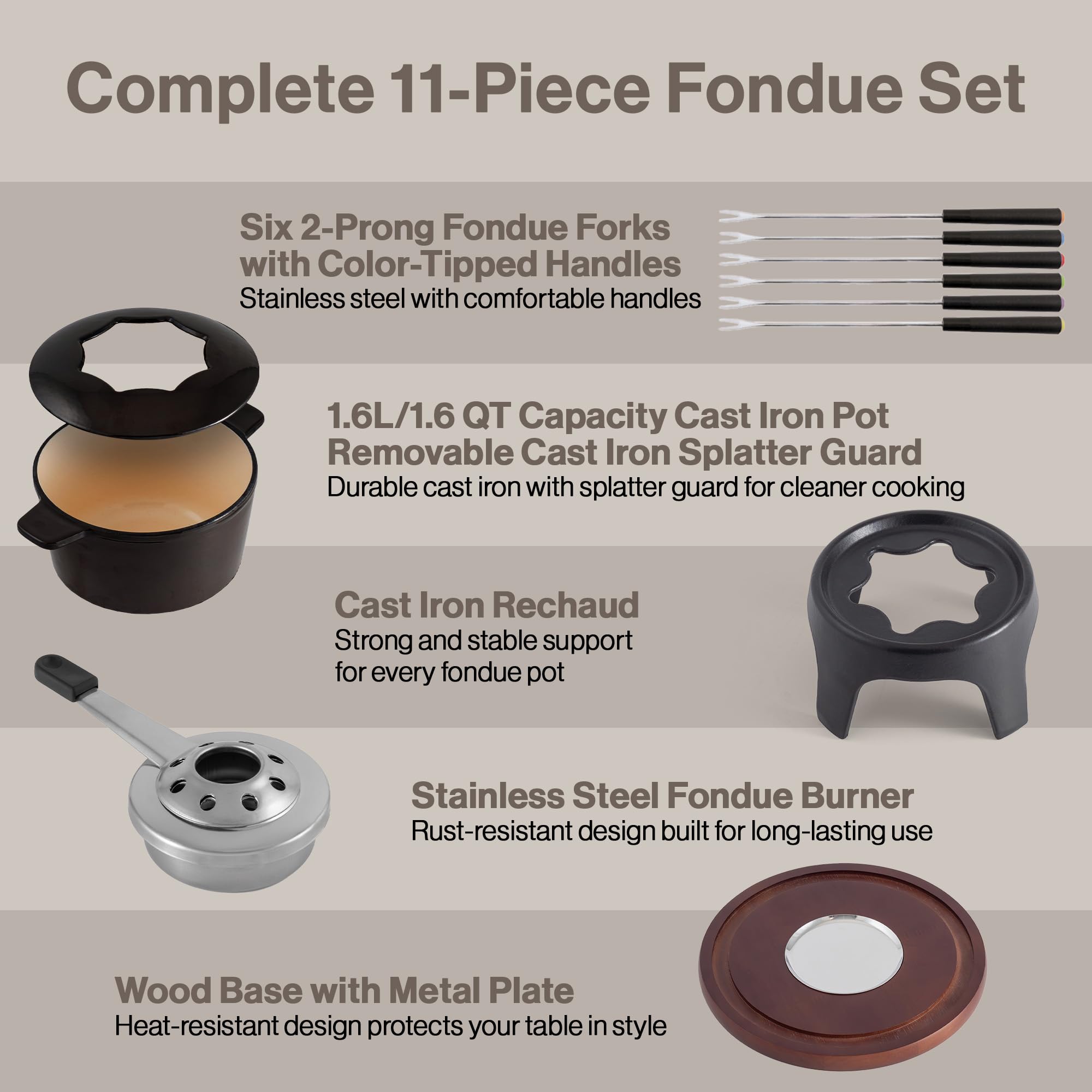 Swissmar F66708 Sierra Fondue Set 11-teiliges, Gusseisen/Edelstahl, Metallisches Schwarz, 1.6L, Fondue-Set für Fleisch, Käse und Schokolade, für 4 Personen, Geschenkset
