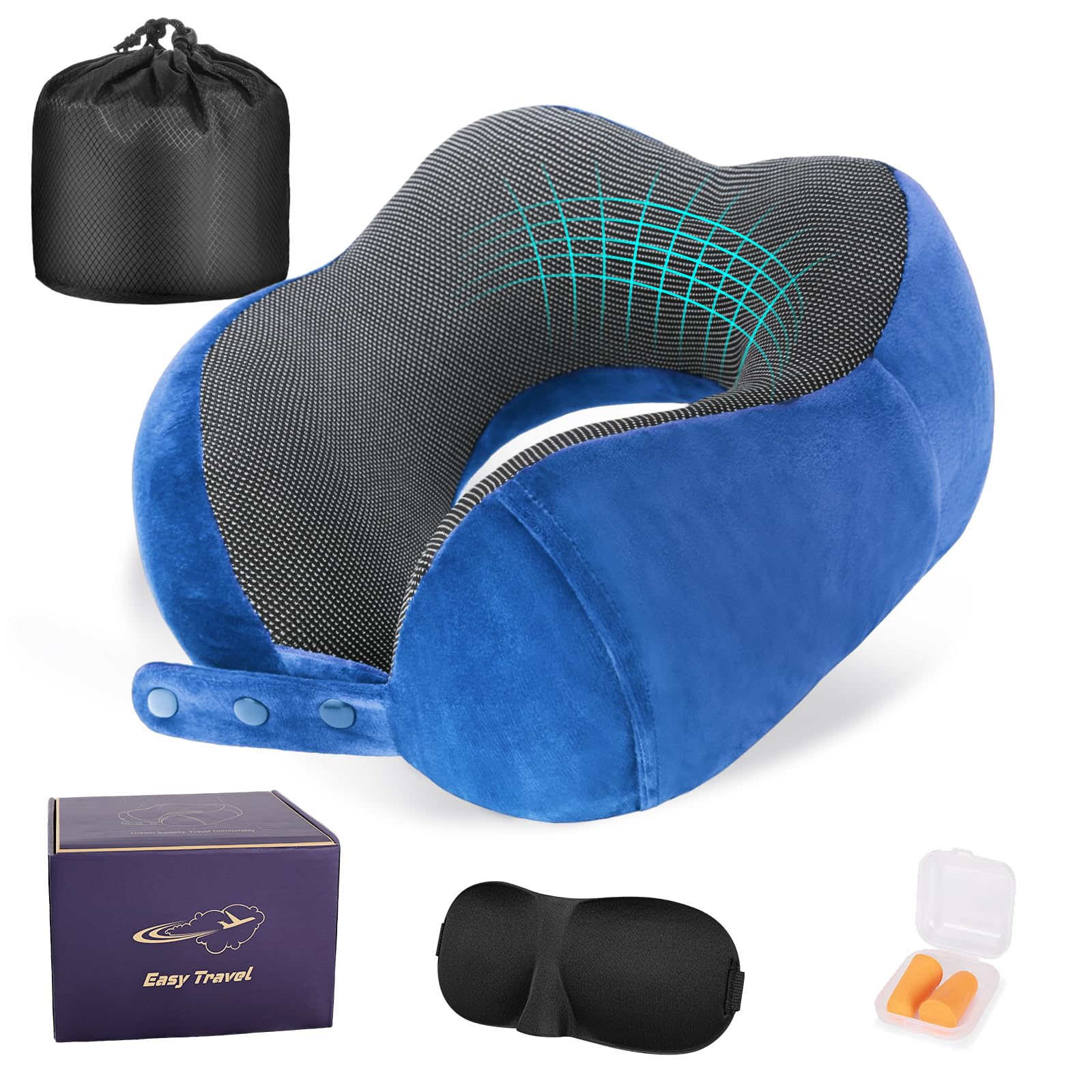 Cirorld Nackenkissen Flugzeug, Nackenhörnchen Erwachsene, Reisekissen Memory Foam, Verstellbares Kompaktes Nackenkissen Reise, Ergonomisches Weich Atmungsaktiv mit Ohrstöpseln, Augenmaske,Tragetasche