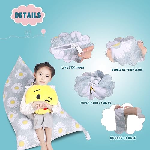 Miniatura 4 de Funda para puf de almacenamiento de animales de peluche, lona con margaritas de felpa, artículos de almacenamiento y asiento sentado para niños,