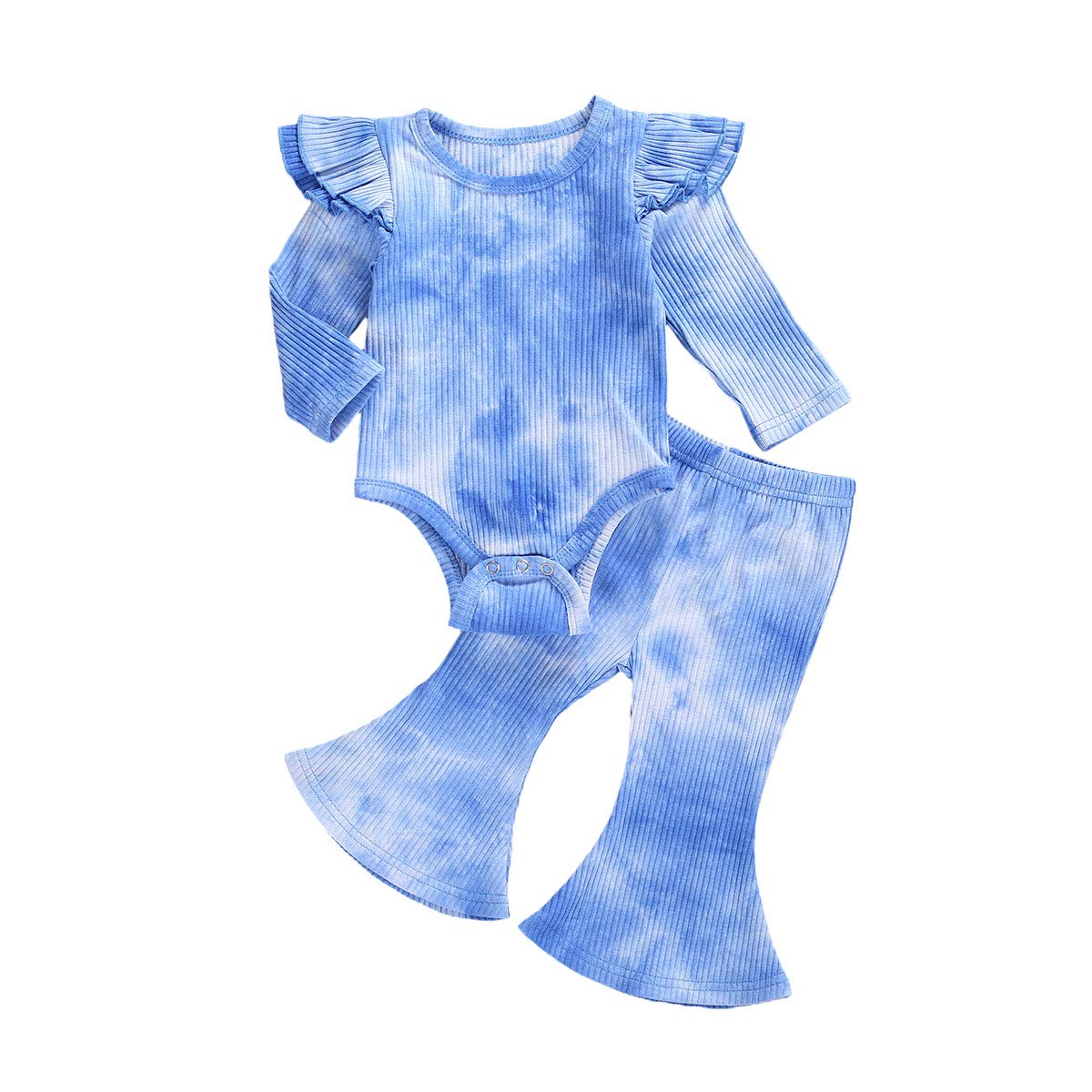One opening Fall Winter Newborn Baby Girl Clothes Solid Ribbed Rompers Bodysuits Flare Pants Toddler Girl Clothes 2PCS Outfit Set (Tie dye Blue, 18-24 months)