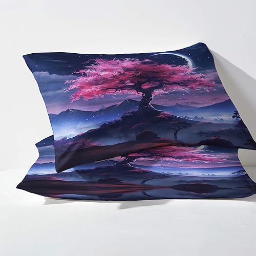 Miniatura 9 de J1-&-157 - Juego de sábanas con estampado de flor de cerezo tamaño King, sábanas y fundas de almohada con patrón de árbol de Sakura, sábana bajera