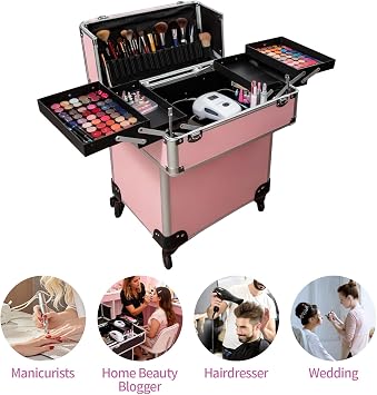 1PC Makeup Trolley Case Rolling Cosmetic Organiser Wheels Pink | Rolling Makeup Trolley Case – Large aluminium cosmetic organiser with wheels, ideal for beauty artists, salons makeup use.