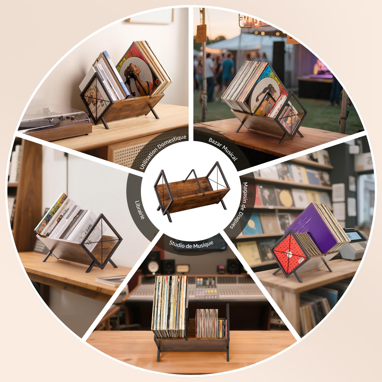 PUERSI Étagère de Rangement Vinyle, 80 Support Vinyles, 1 Niveau Disque Vinyle avec Séparateur Réglable, Organiseur pour Albums, Magazines, Livres et Dossiers - Marron