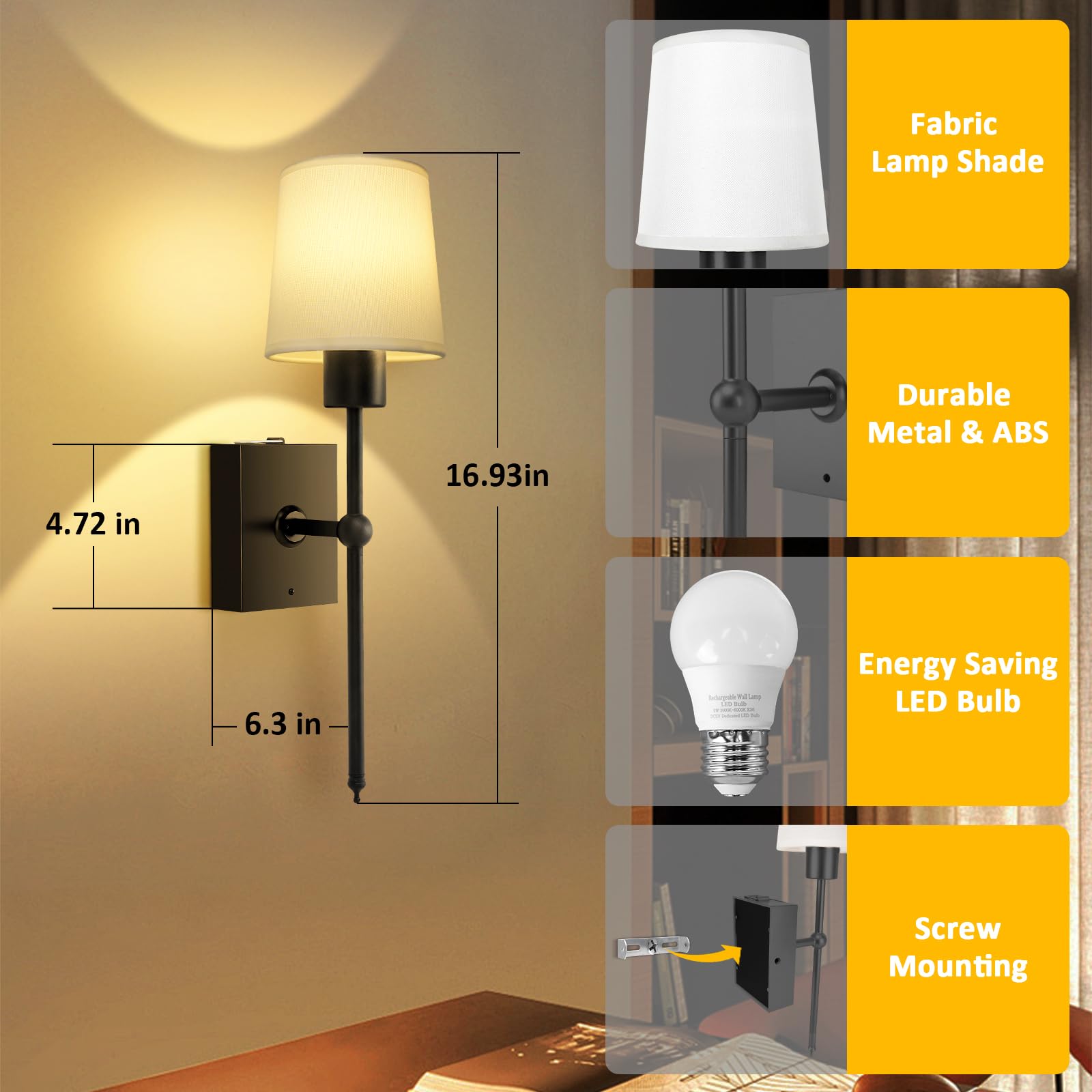 Toowell LED Wandleuchte Innen Akku | Kabellose Wandleuchter für den Innenbereich, ohne Kabel, für Flur, Wohnzimmer, Schlafzimmer, 2 Stück