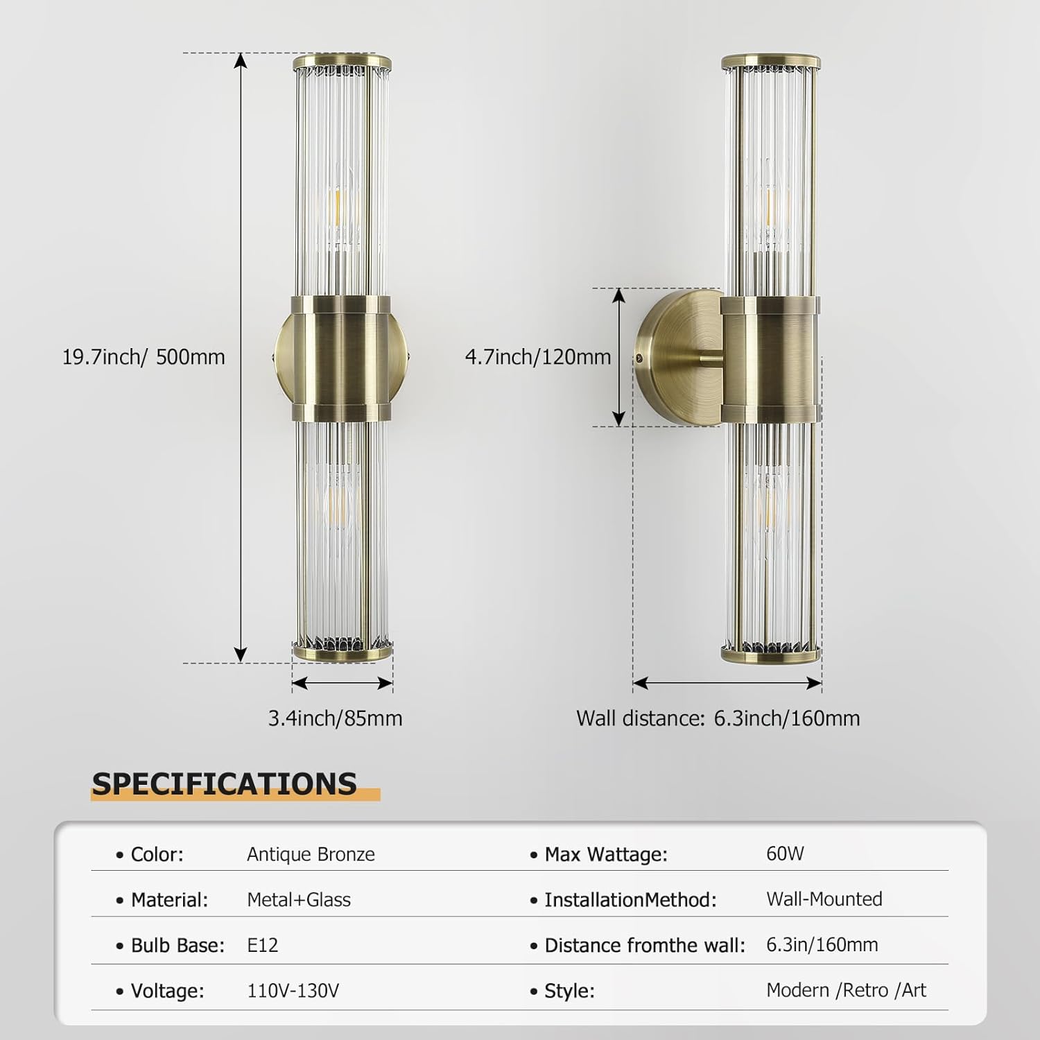 JOOSENLUX 2 Light Bathroom Vanity Light Fixture, Antique Bronze Wall Sconce Set with E12 Base and Glass Rod Design – Decorative Lighting for Bathroom Mirror, Powder Room, Hallway, Bedroom