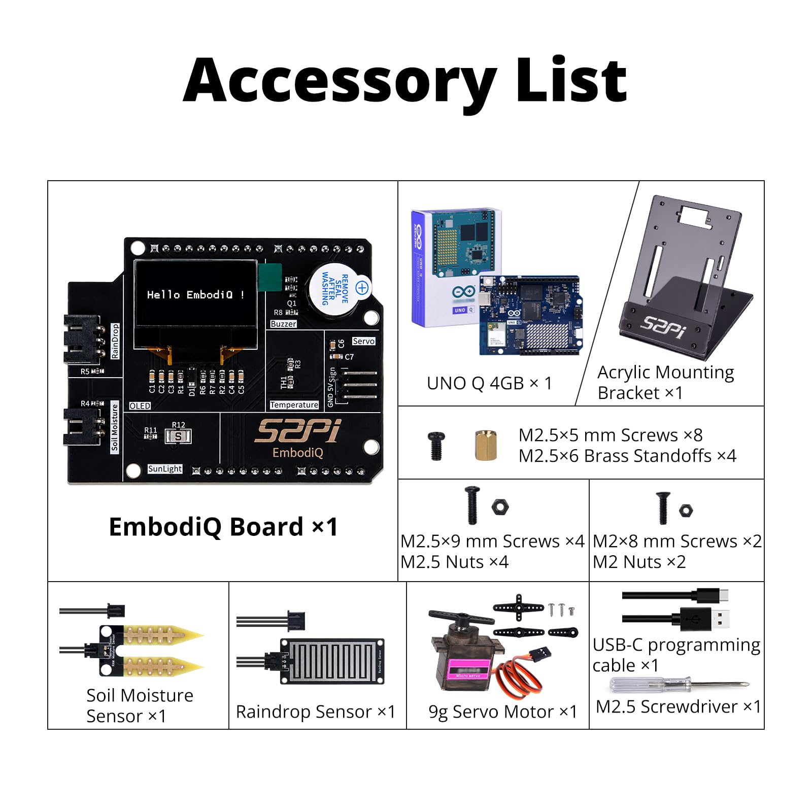 GeeekPi EmbodiQ AI zestaw startowy do Arduino UNO Q – 4 GB RAM, 32 GB eMMC, AI Agent HAT, czujnik wilgotności gleby i kropli deszczu, serwo, uchwyt akrylowy – sterowanie głosem i automatyzacja