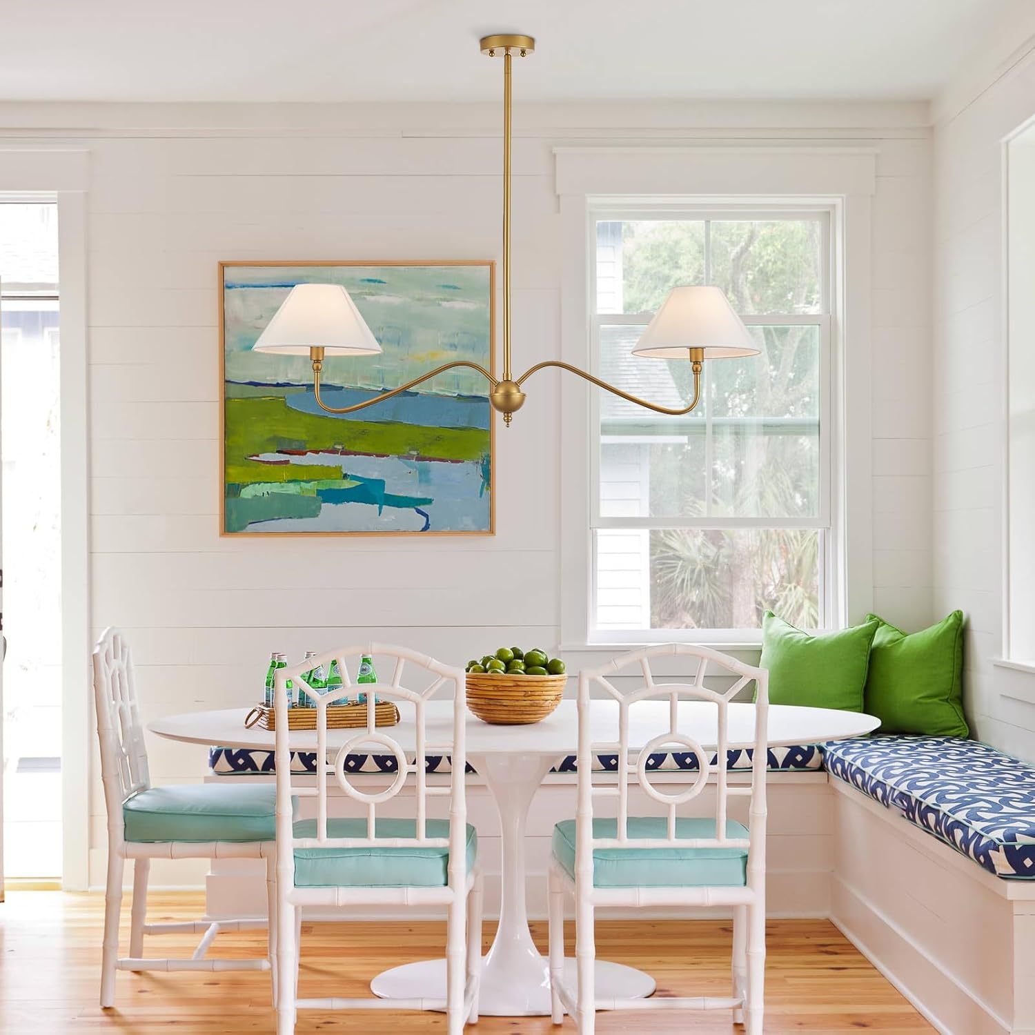 Modern Gold Linear Chandelier for Kitchen Island, 2-Light Linear Light Fixture with Off-White Fabric Shade, Rustic Pendant Light for Dining Room