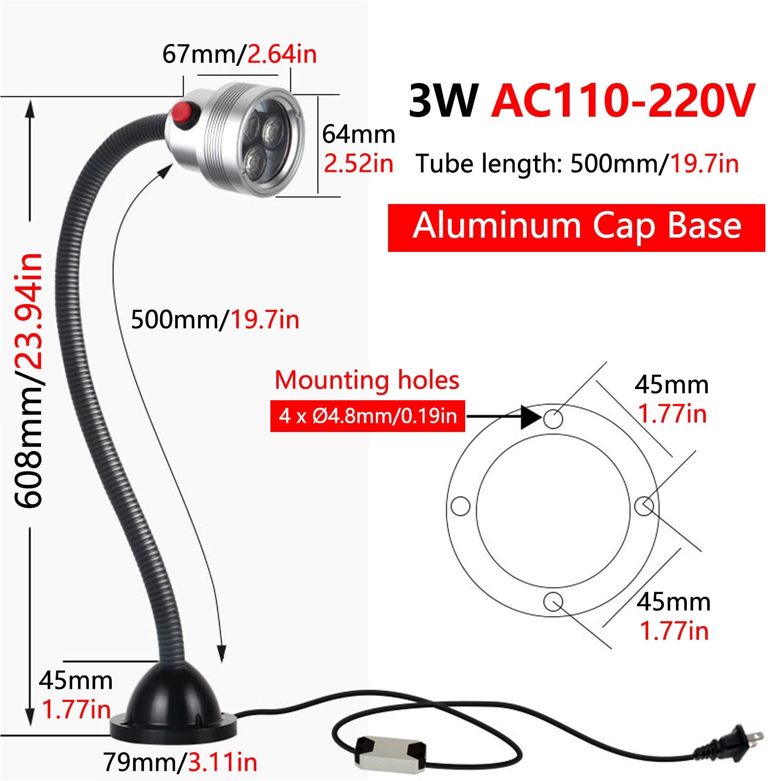 Elastyczna Lampa z Giętką Szyjką, Regulowana w Zakresie 360°, Wodoodporna Lampa Robocza LED o Stopniu Ochrony IP68, do Tokarek i Frezarek(3W Aluminum Cap Base)