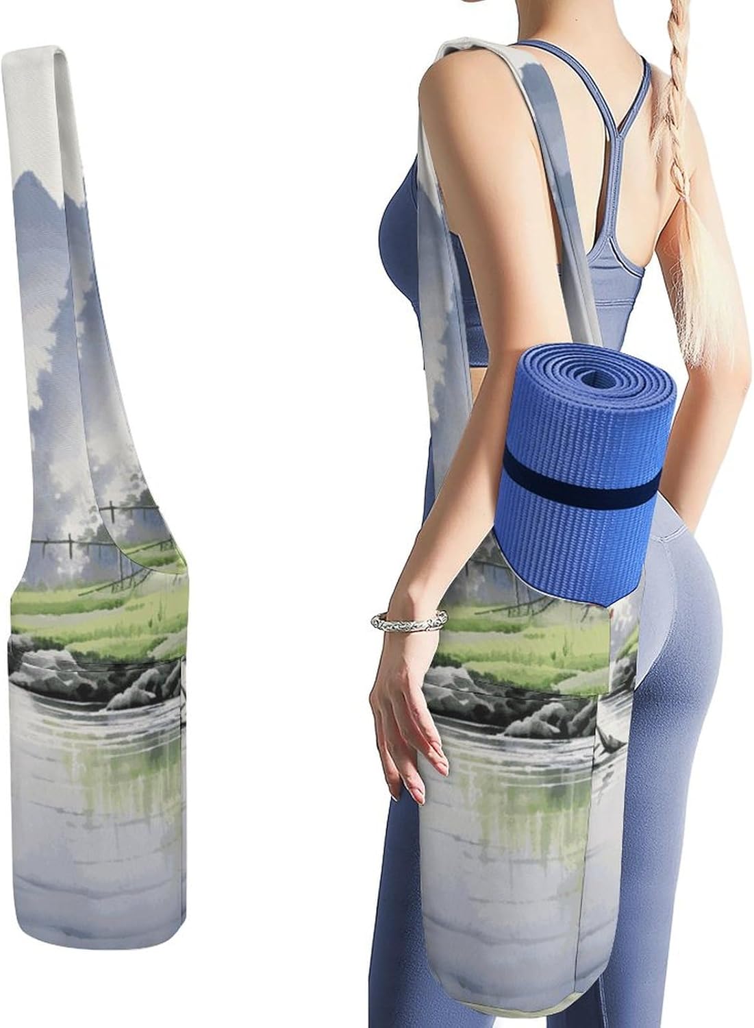 Canvas Yoga Mat Bag Landscape Painting Printed Yoga Mat Storage Bag with Strap Large Capacity Gym Bag for Men Women Pilates Beach Travel