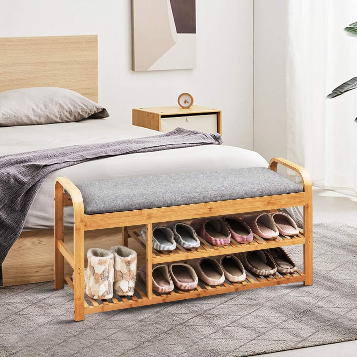 Giantex Bamboo Shoe Bench,3-Tier Entryway Bench with Cushion,Max Load 330 LBS, Modern Stool Storage Shelf for Bedroom Living Room Hallway (Natural and Grey)