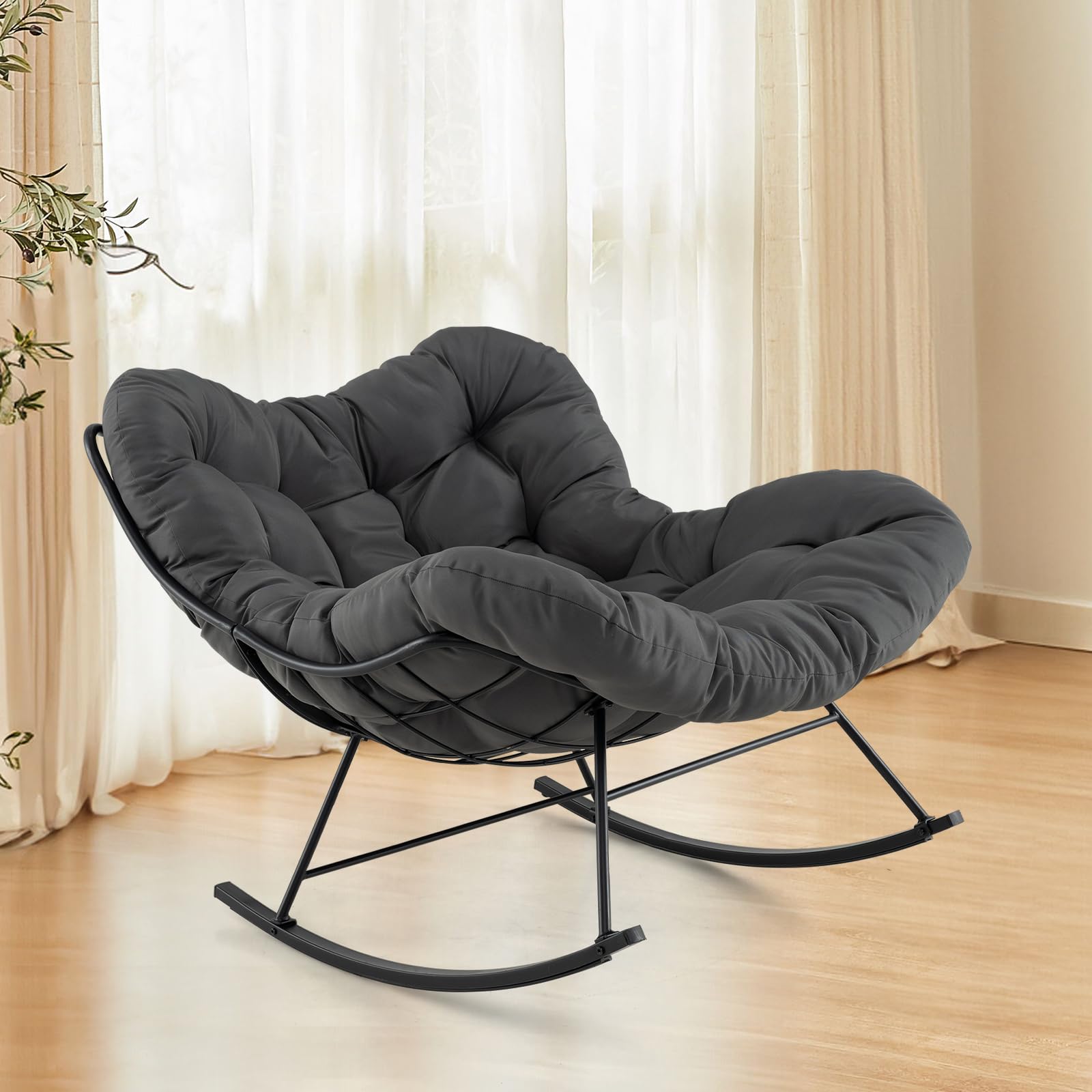 COSTWAY Silla Mecedora con Cojín Acolchado, 110x95x94 cm, Mecedora Salon Extra Grande, Carga 205 kg, Sillon Balancin con Marco de Metal, Pies Antideslizantes, Antivulco, Interior y Exterior, (Gris)