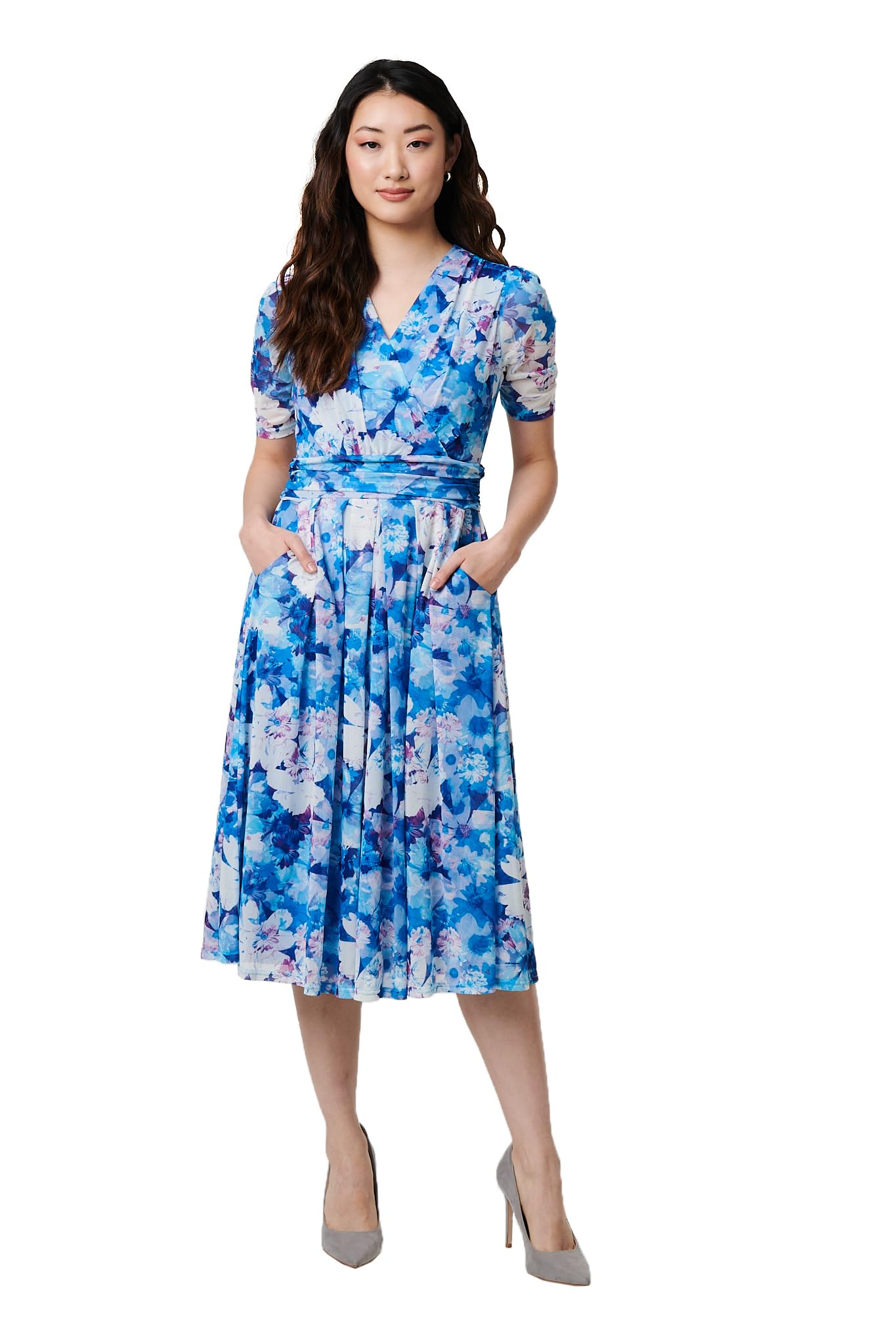 Izabel London Women's Blue 5 Floral Mesh Pleated Faux Wrap Midi Dress For Uk With A V-Neck, 3/4 Sleeves And A Faux Wrap.