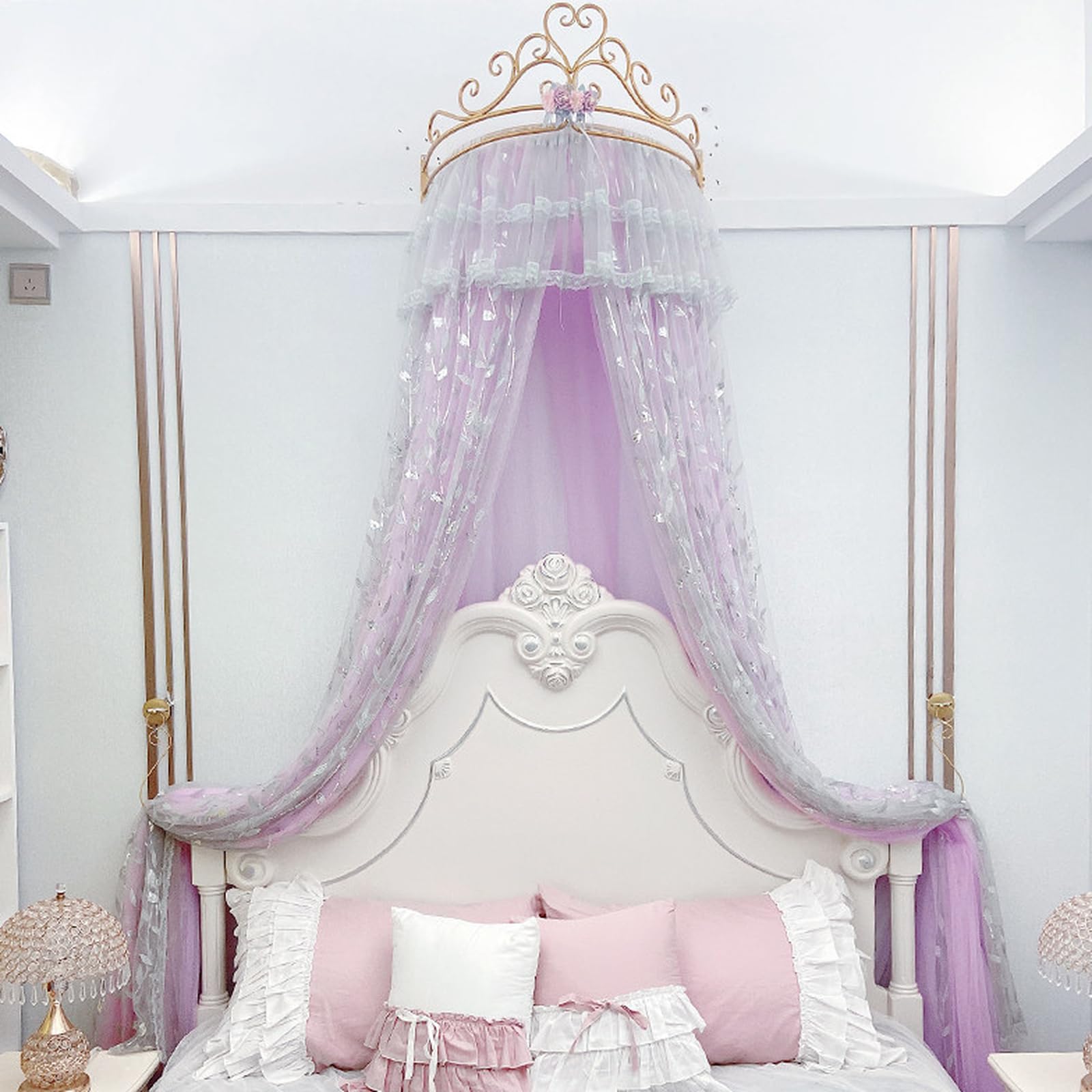 SDCGB Princess Bed Canopy for Girls & Adults, Royal Luxurious Cozy Bed Curtain with Crown, Double Layer Decorative Drapery, Purple