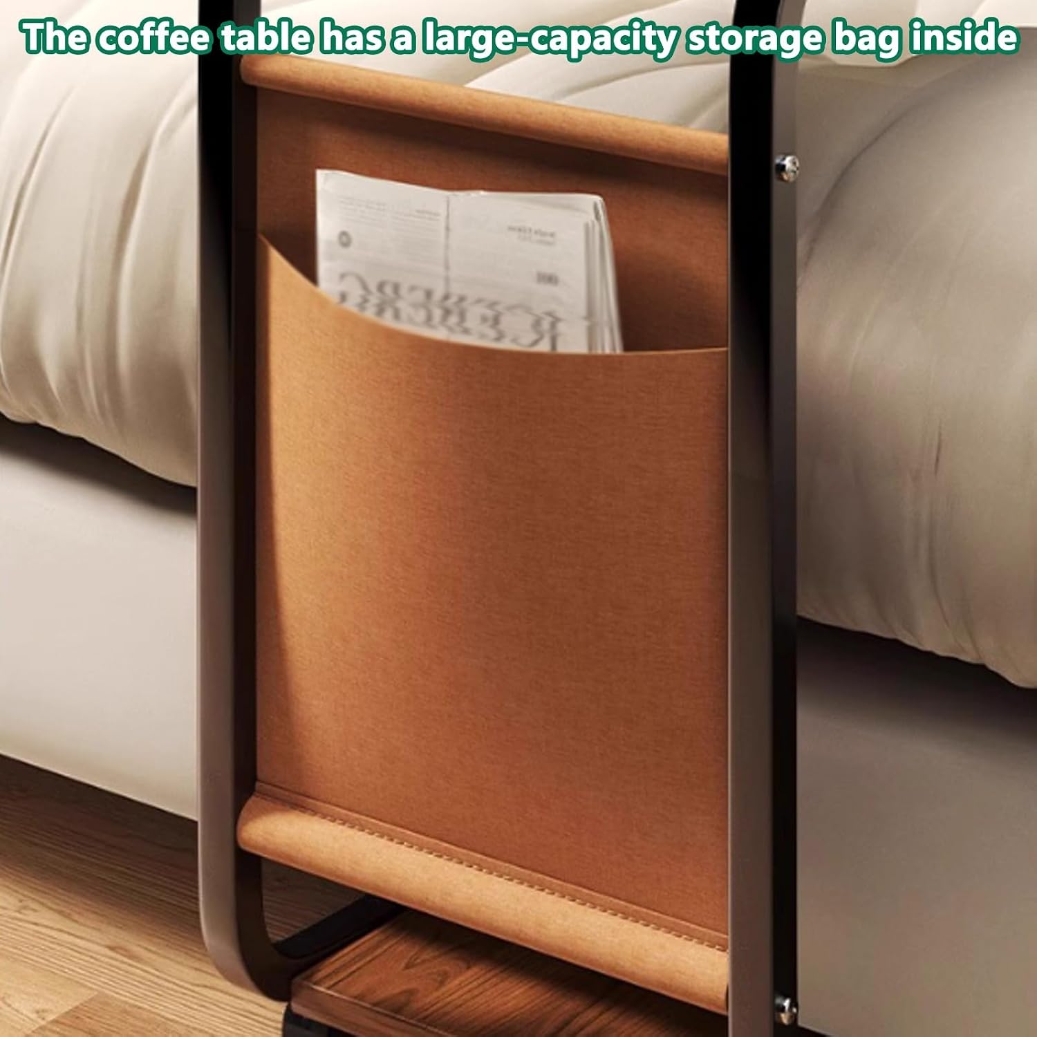 Mobile Overbed Table with 360° Wheels, 2-Tier Side Table with Storage Bag, Over The Couch Table, Works As Bar Tables, Dining Tables(Natural)