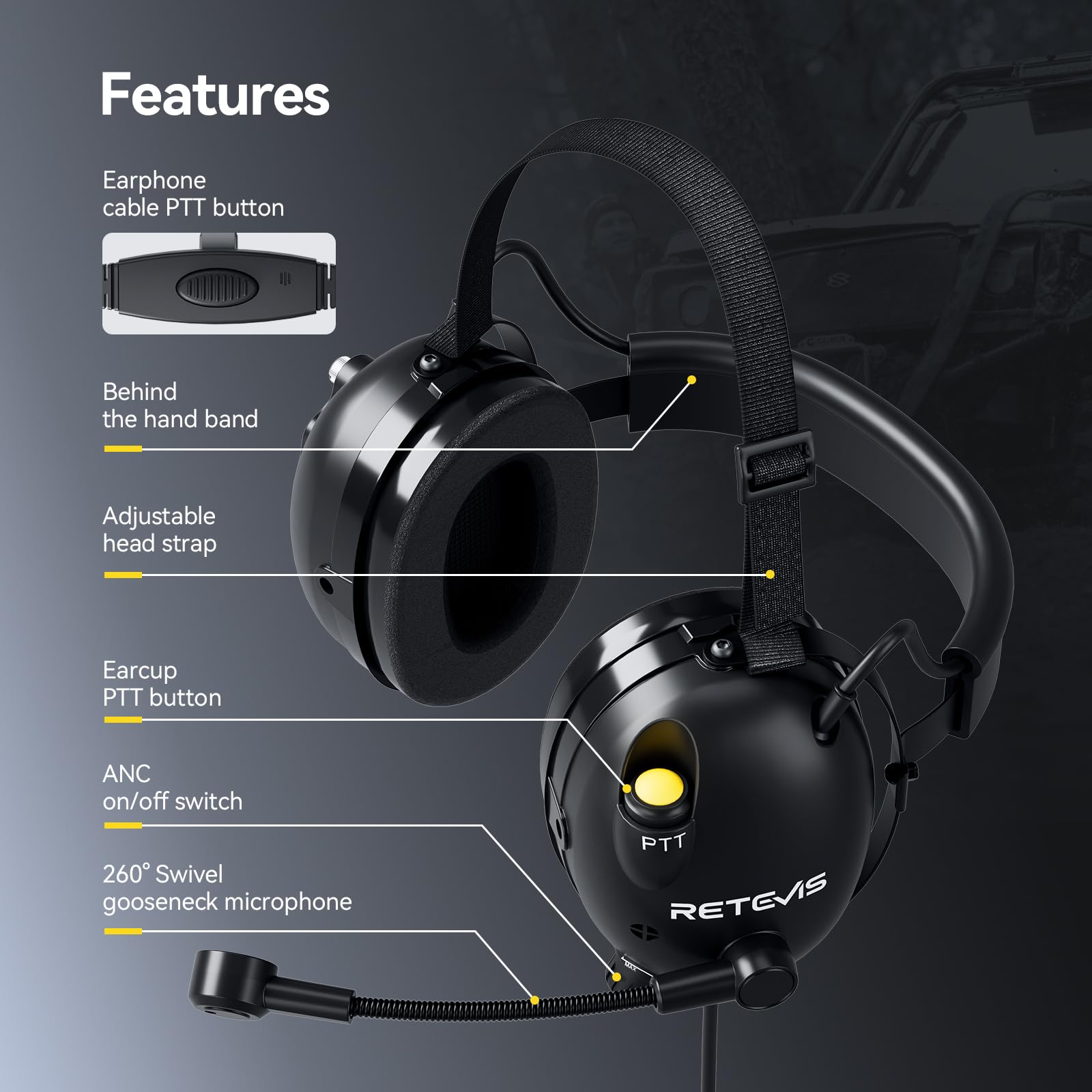 Retevis EHK016 Walkie Talkie Cuffia, ANC Cancellazione del Rumore con Microfono, Cinghia Regolabile per Testa Doppia Regolazione del Volume PTT, Compatibile con Baofeng UV5R RT24 RT27(1 Pz)